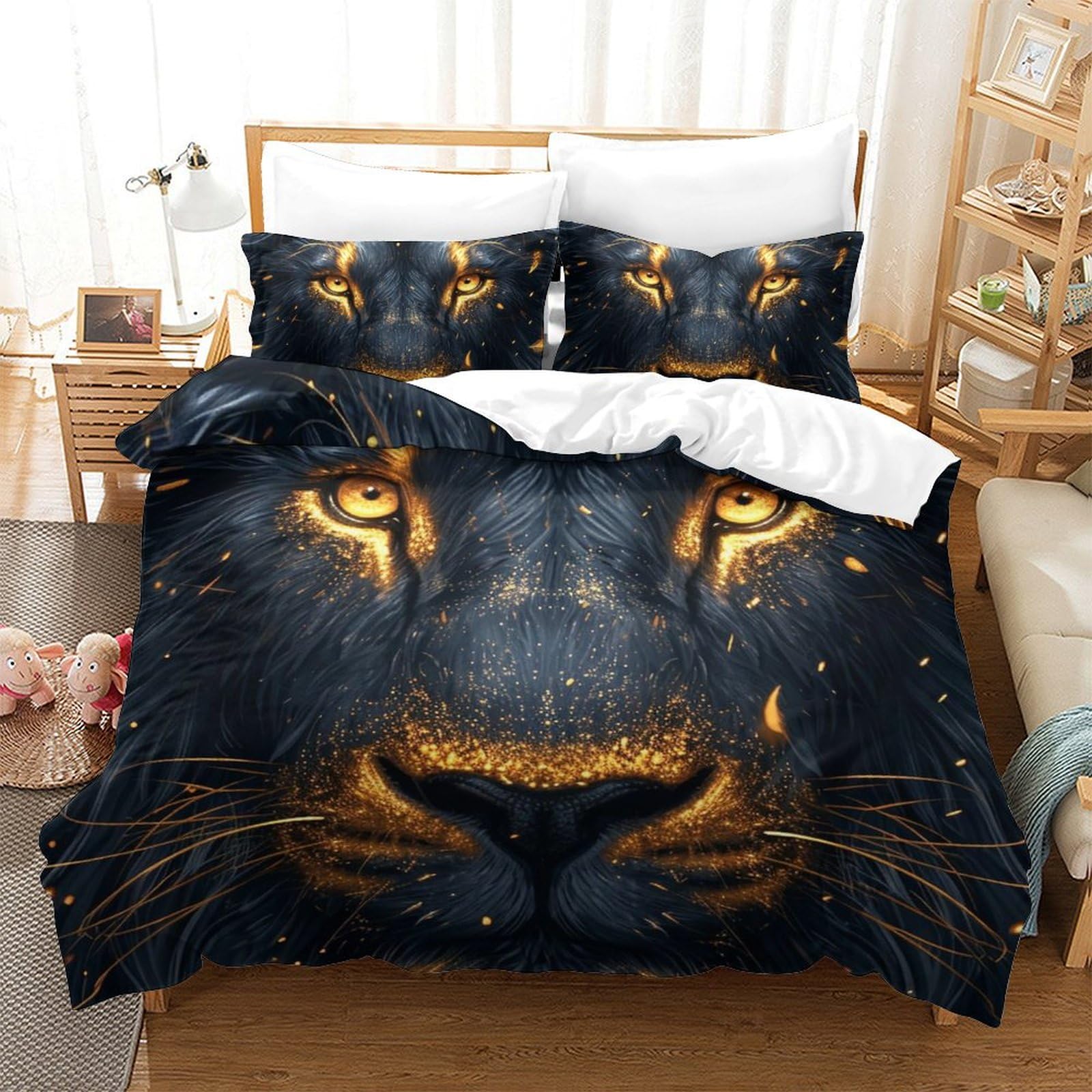Housse de couette lion imprimé 3D linge de lit microfibre 220x240 cm King