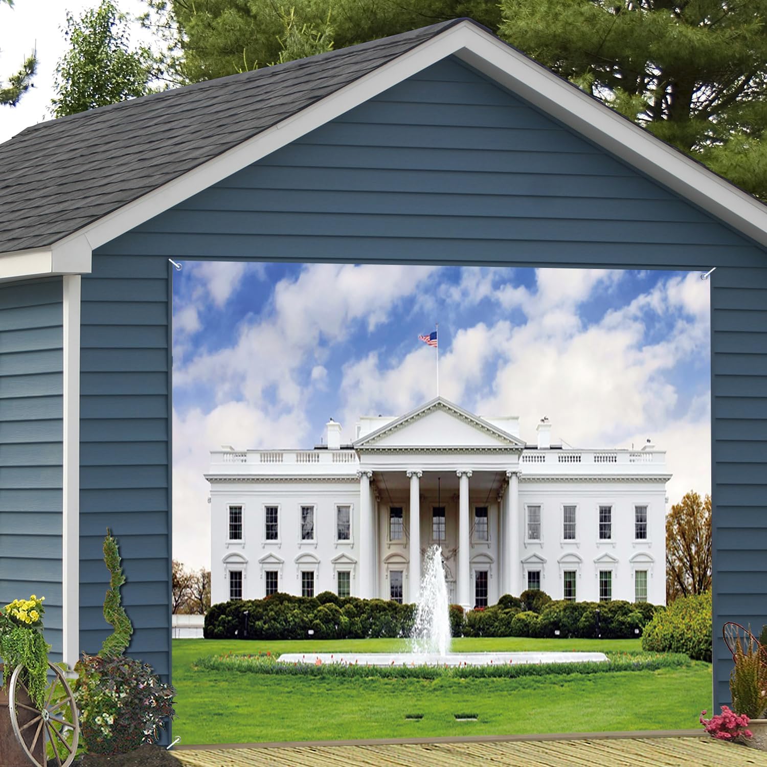 7x8ft White House Garage Door Decor America Capital Landmark Building Green Lawn Fountain Garage Door Backdrop USA Party Decor Kids Adult Portrait Backdrop