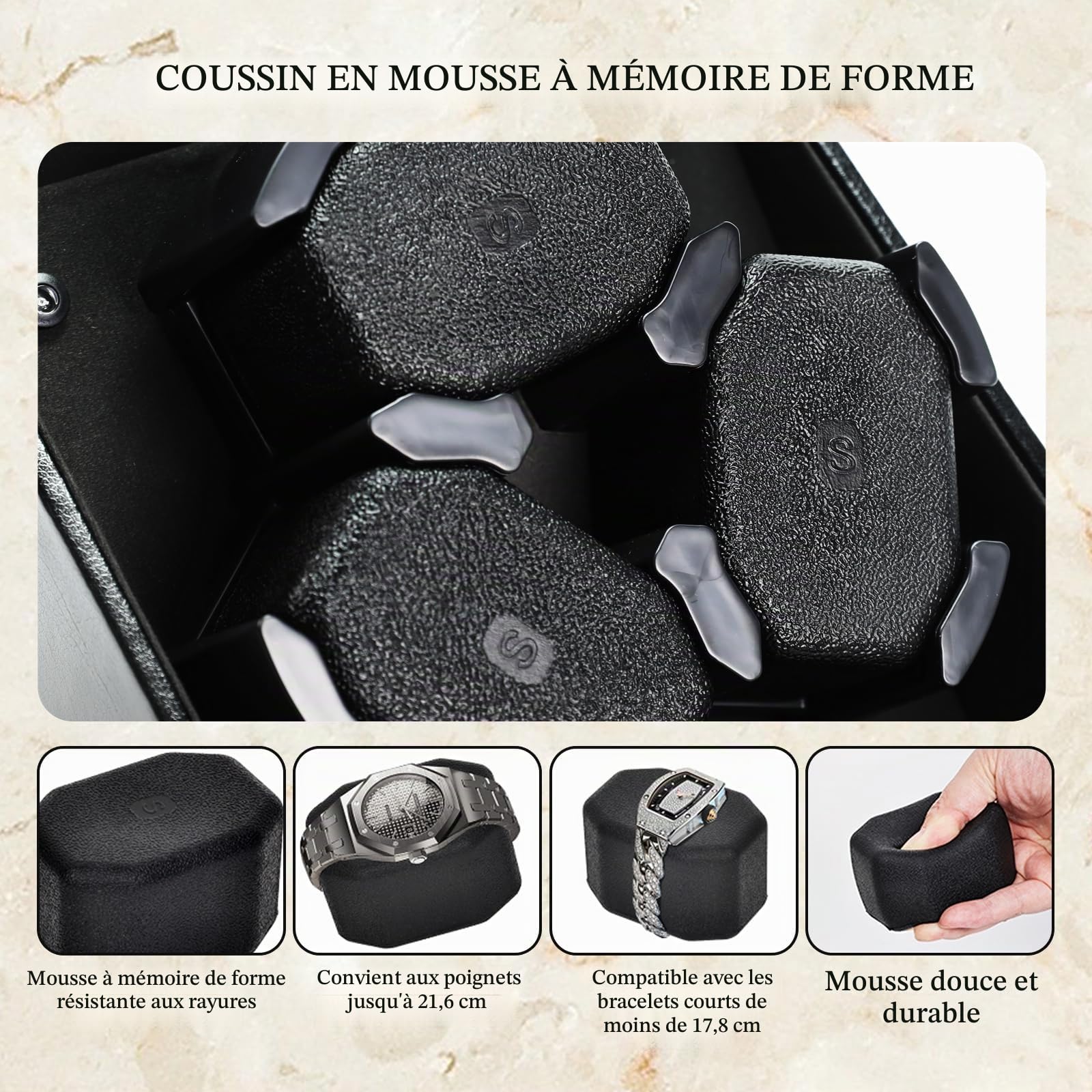 Remontoir Automatique pour 3 Montres avec Capteur de Lumière Intelligent, 2 Modes de Rotation, Coussins en Mousse à Mémoire de Forme, Remontoir Rotatif Automatique, Extérieur en Simili Cuir
