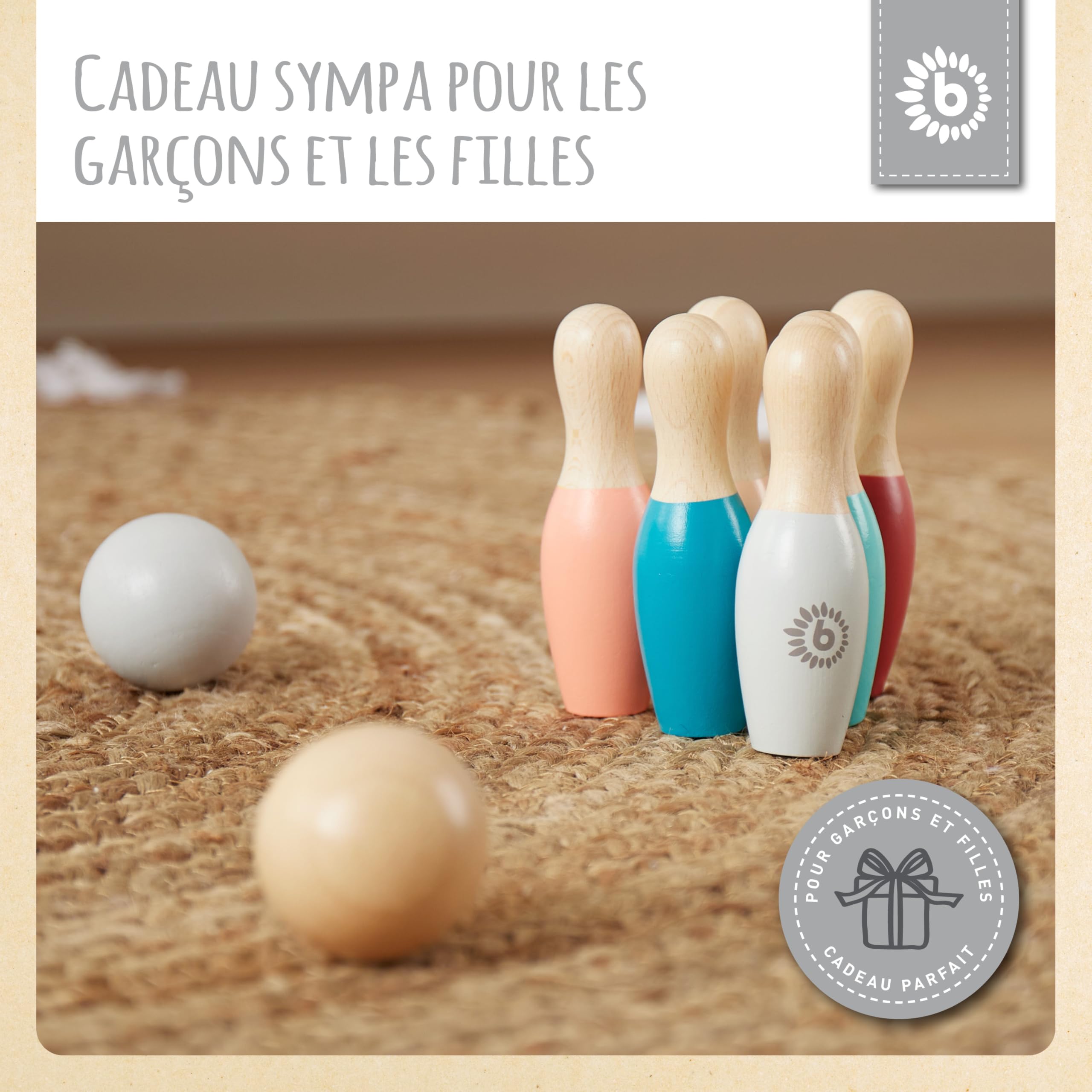 Bieco Mini jeu de quilles en bois pour enfant - 8 pièces - Jeu de bowling - Jouet d'extérieur - Jeux d'extérieur pour enfants - Cône pour adultes - Jeu de jardin