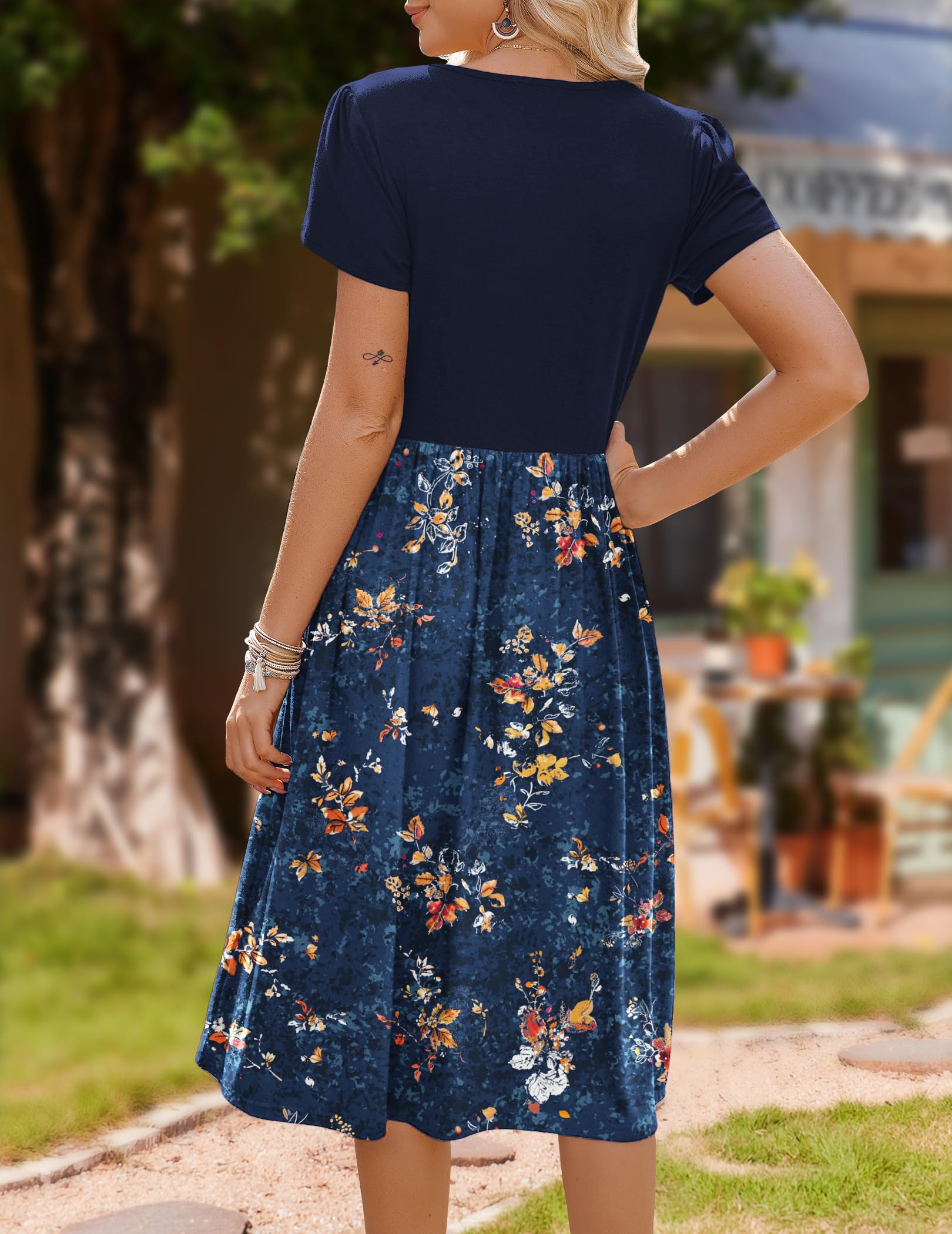 Zeagoo Abiti Estivi da Donna Scollo Rotondo Elegante Manica Corta Vita Alta Midi Abiti Casual Floreale Abiti con Tasche S-XXL
