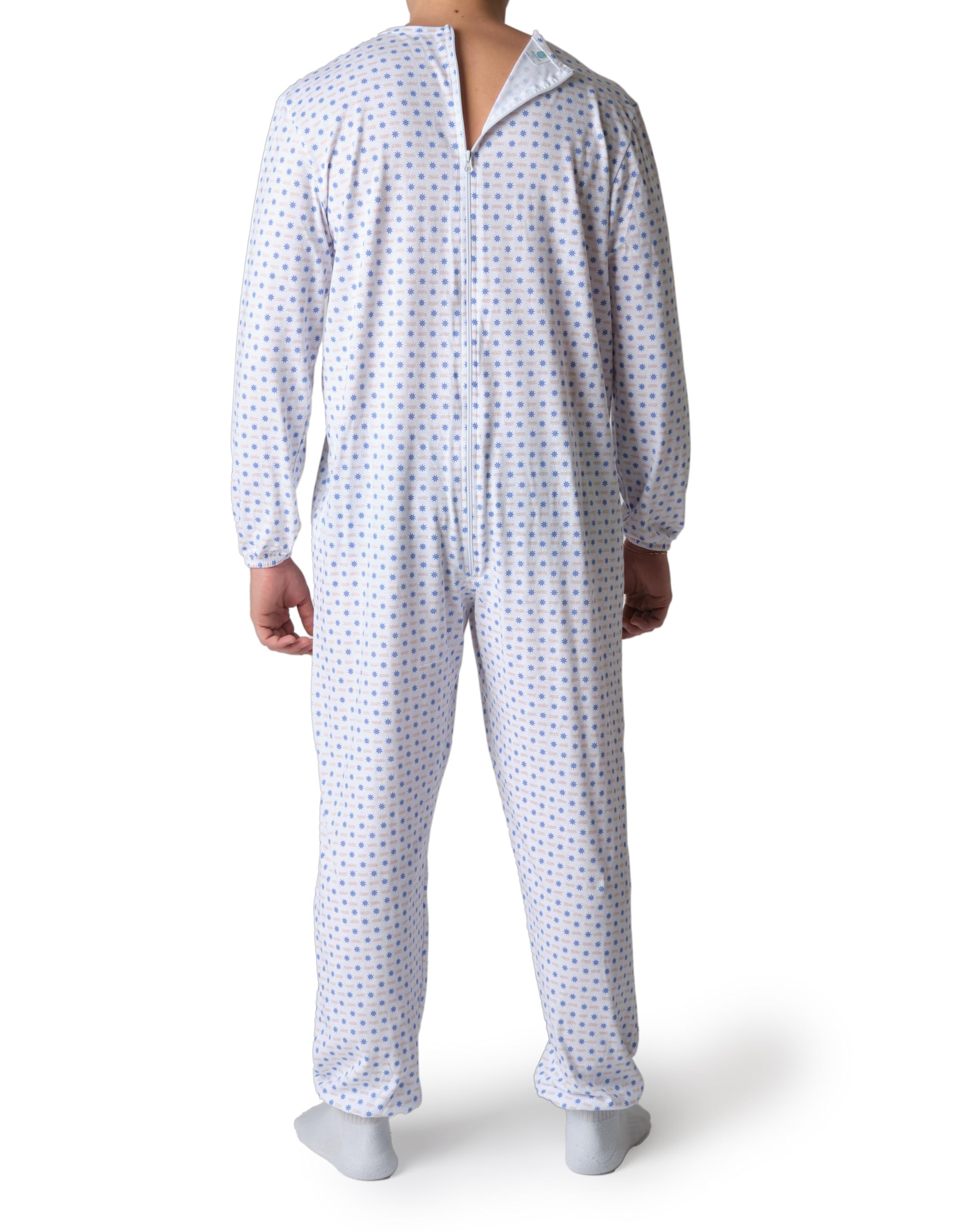 Pyjama sanitaire pour personnes âgées en coton d'été avec fermeture éclair arrière - Tuton pour personnes âgées avec Alzheimer ou Incontinence Made Italy - Gouvernail bleu