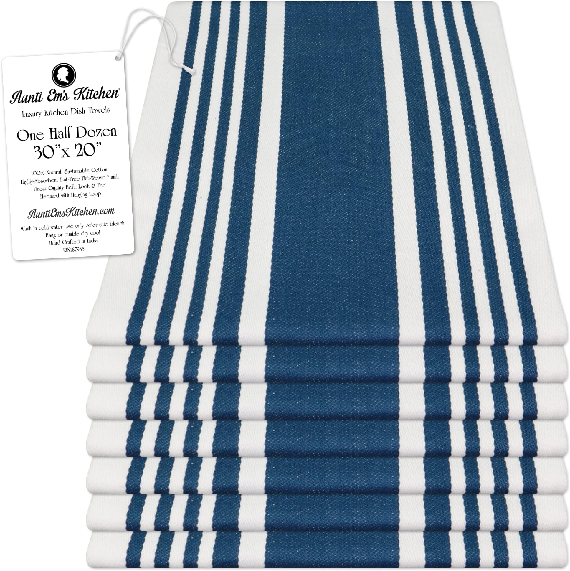 Aunti Em's Kitchen Designer Hand and Kitchen Dish Towels Woven from 100% Responsibly-Farmed, Thick, Luxurious Cotton, Oversized 20 x 30 inches, One Half Dozen, Marine Stripe