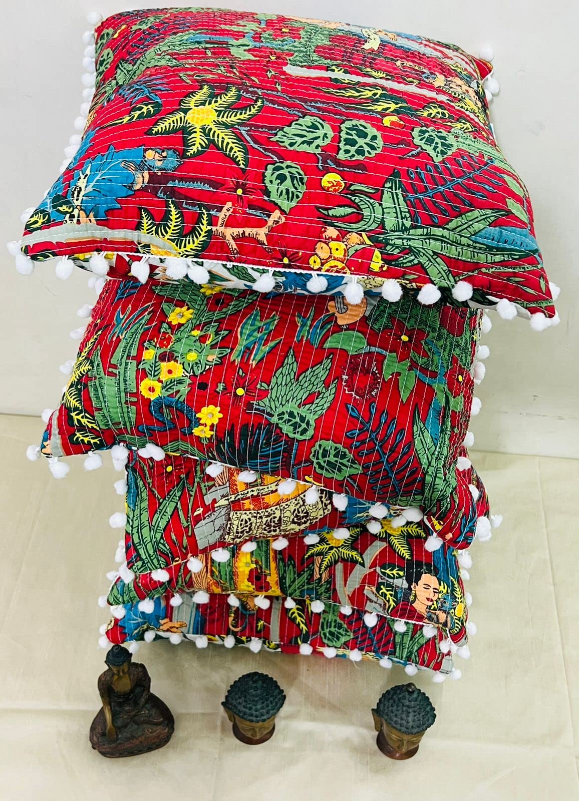 Shri Ganesh Impex, desingner Pure Cotton, Traditional Kantha Work, Cushion Cover, Reversible, Set of 5 Piece, decotative, pom pom, Size 16 * 16 Farida red