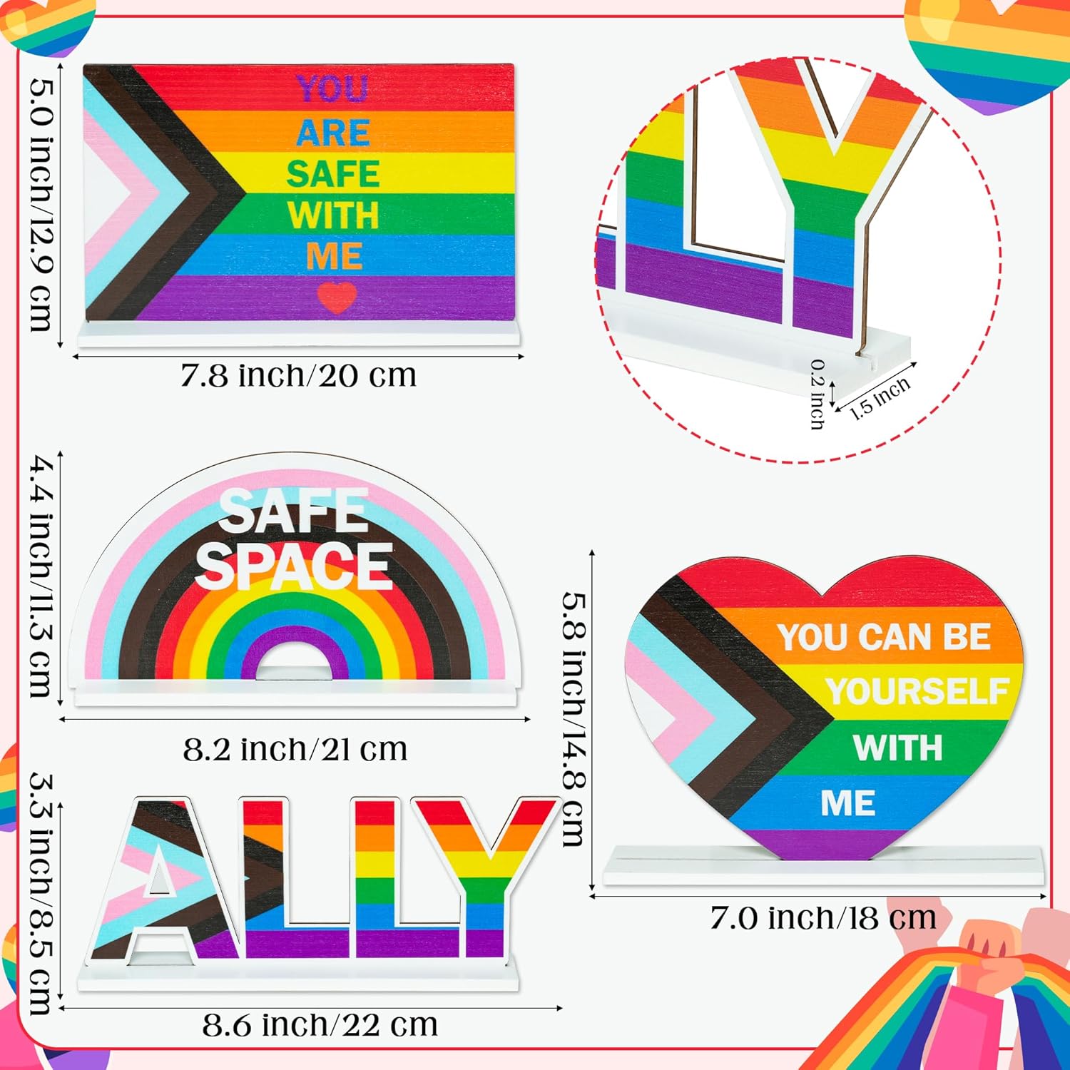 WATINC LGBT Pride Centerpieces Decorations - 4pcs Gay Pride Month Progress Rainbow Wooden Tiered Tray Signs Tables Decor, Love is Love LGBTQ Party Wood Detachable Tabletop Topper Supplies for Home