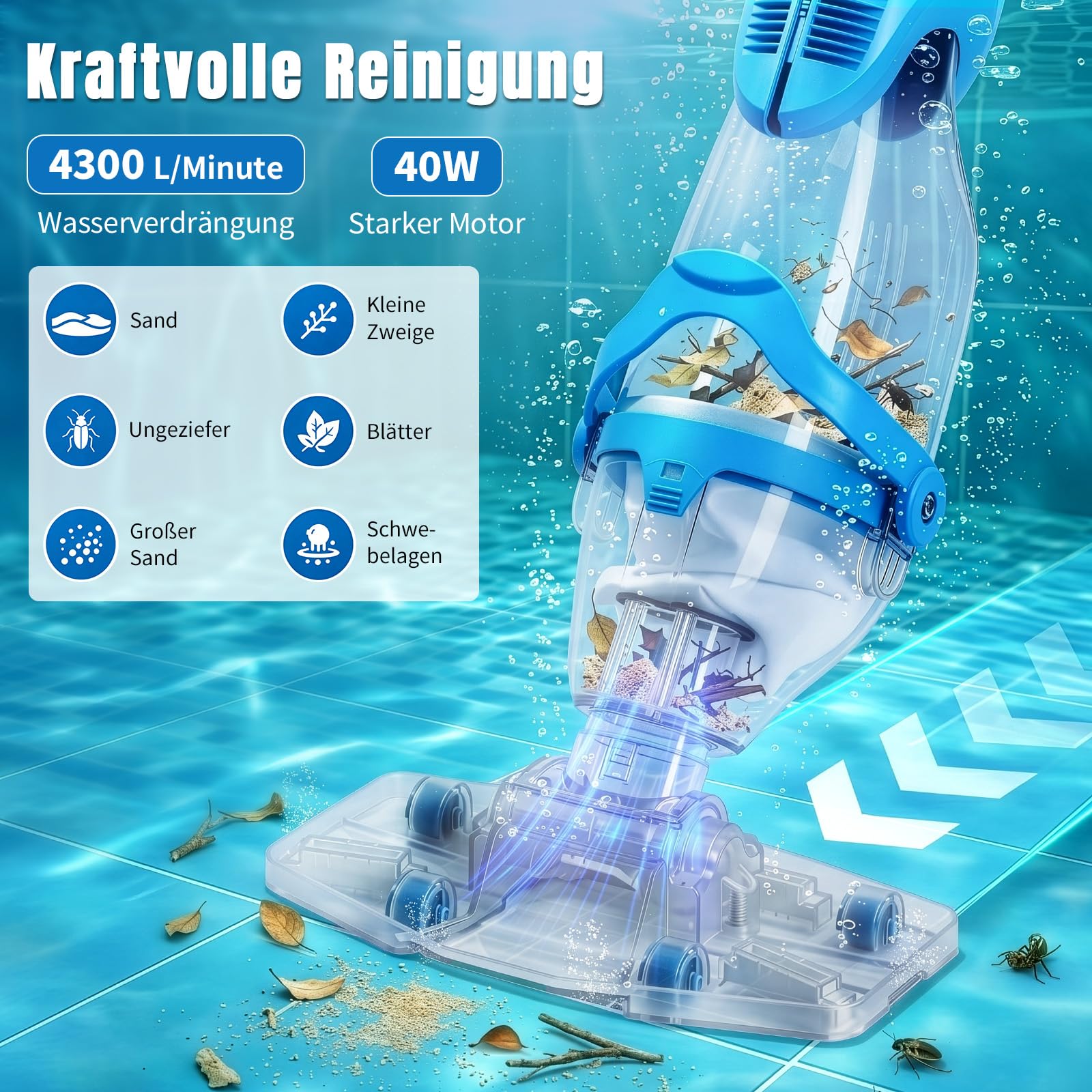 LEADZM Poolsauger Akku, Handsauger, Bodensauger bis zu 60 Minuten, Absaugung bis zu 4300L/H, Pool Sauger mit 250cm Teleskopstange, Poolreiniger mit 2 Filter (Blau)