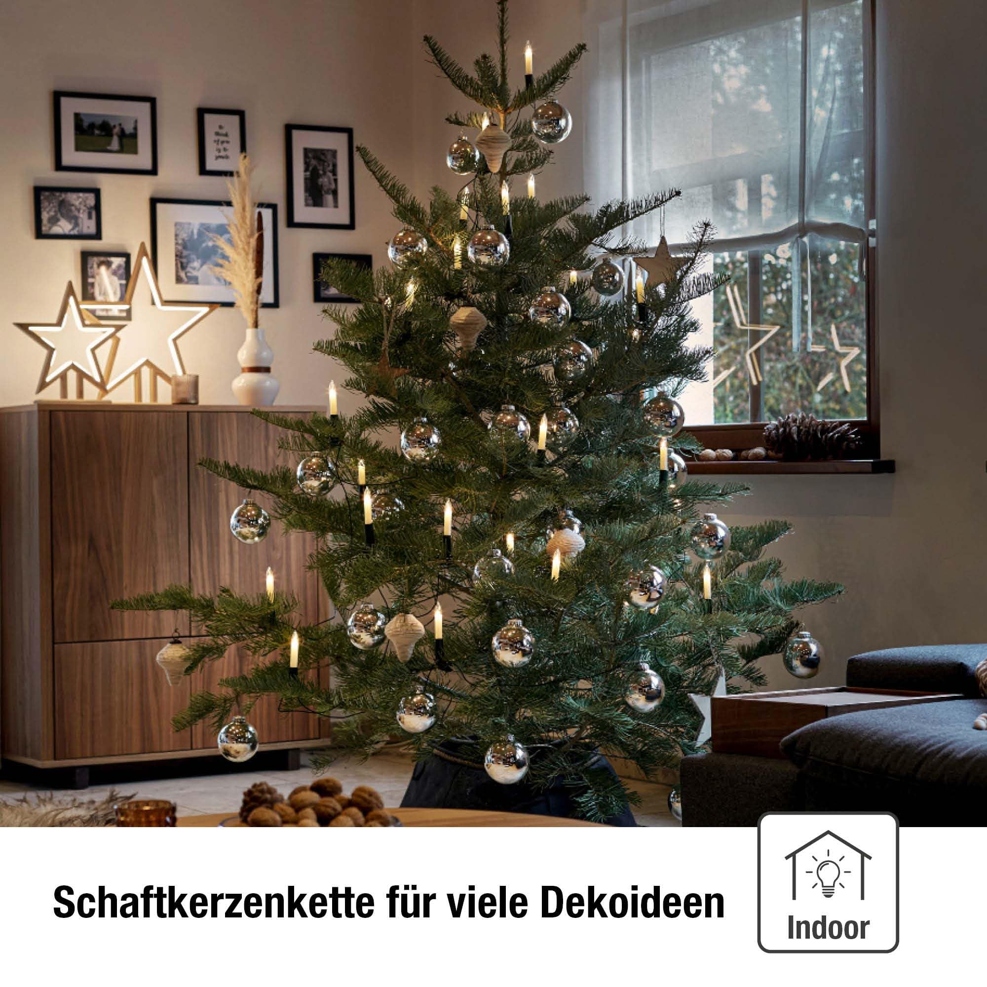hellum Lichterkette Weihnachten innen mit 15 Kerzen und teilbarem Stecker | Made in Germany warmweiß, Lichterkette Weihnachten mit Clip, 9,80m beleuchtet, Kabel grün, inkl 3 Ersatzkerzen <59lm 430059