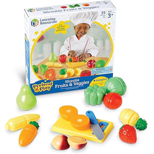 Learning Resources Pretend & Play Fruit, Cutting Fruits and Veggies Toy, Kids Play Food, Plastic Fruit & Veggies, Kitchen Toy, Ages 3+