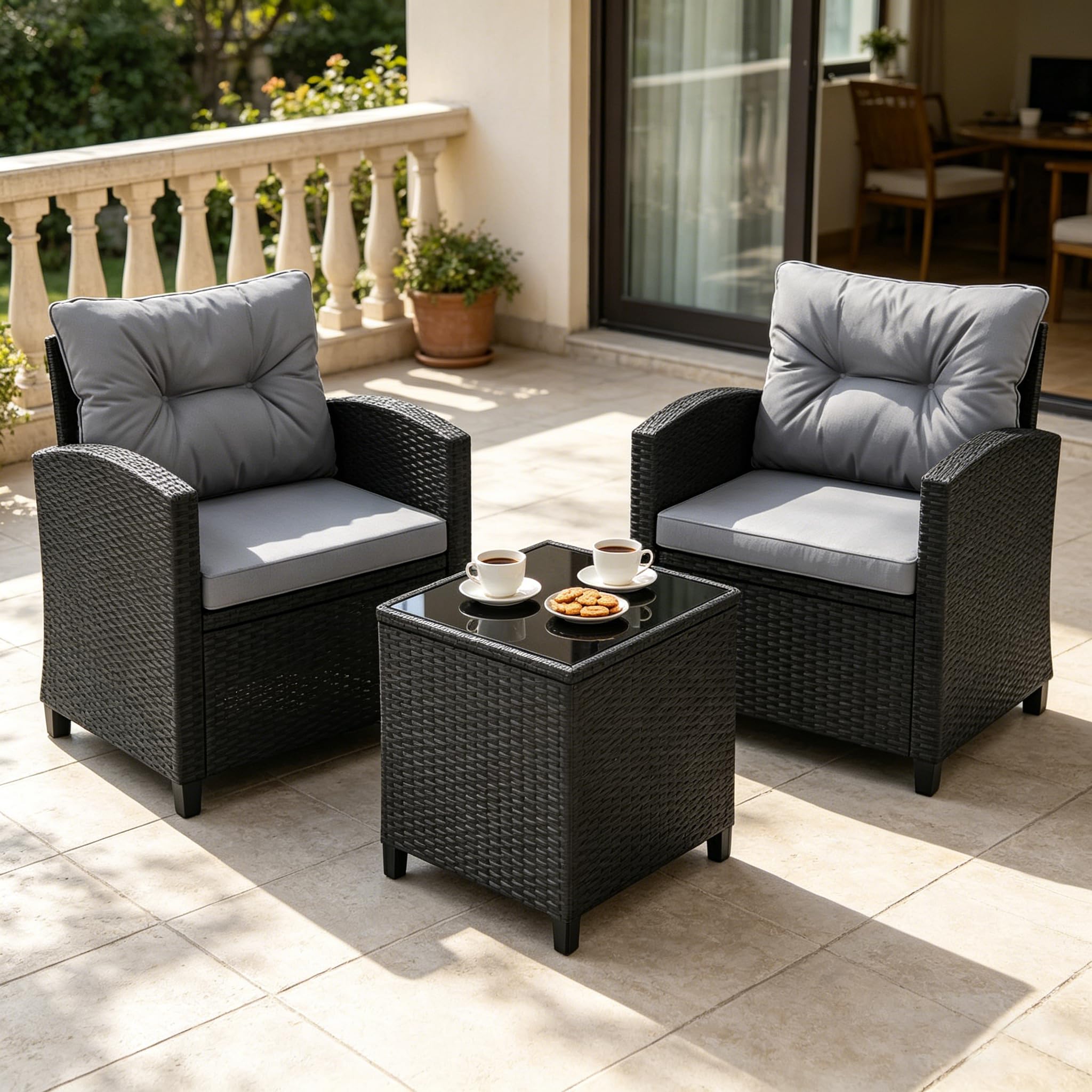 GIANTEX Rattan Gartenmöbel Set, Balkonmöbel Kleiner Balkon, Lounge Möbel Outdoor, Balkon Set 2 Personen, Balkonmöbel Set 3 teilig 2 Sessel & Tisch, Terrassenmöbel (Schwarzem Rattan + Grauem Kissen)