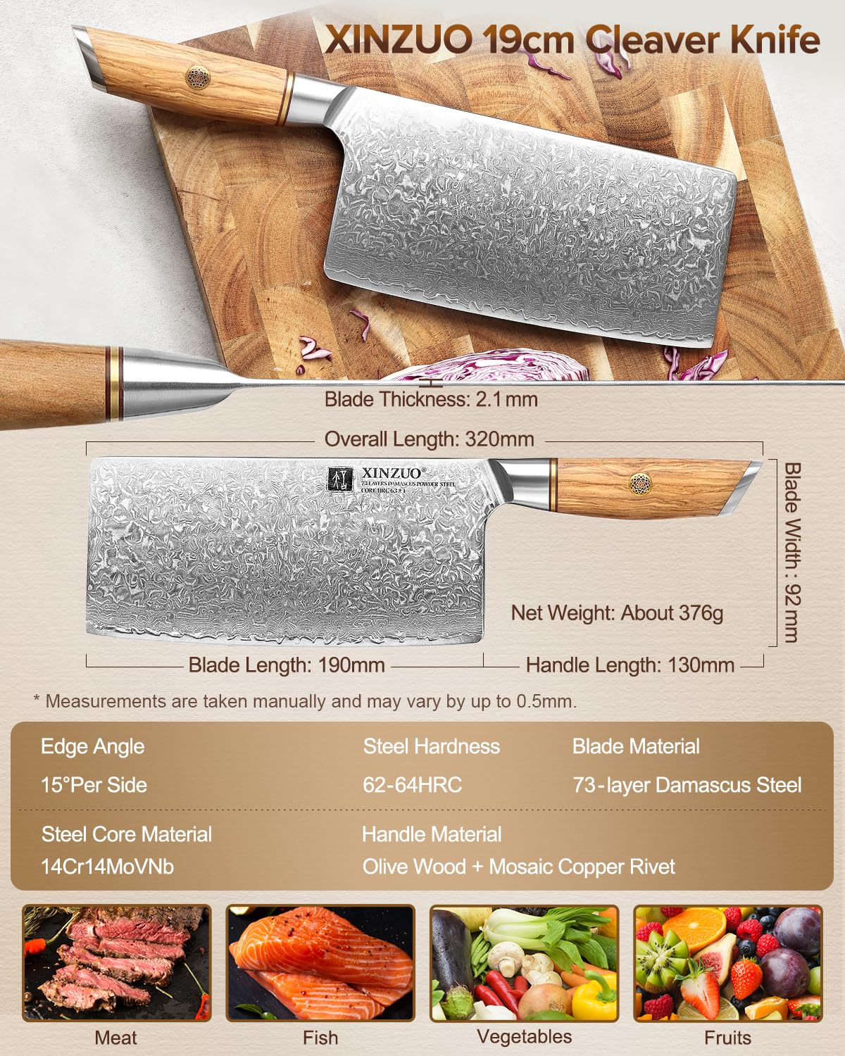 XINZUO 19cm Hackmesser, 73 Schichten Damaststahl Pulverstahlkern Hackbeil Chinesisches Kochmesser Multifunktions Chefmesser Fleischmesser -mit ergonomischer Olivenholz Griff -Lan Series