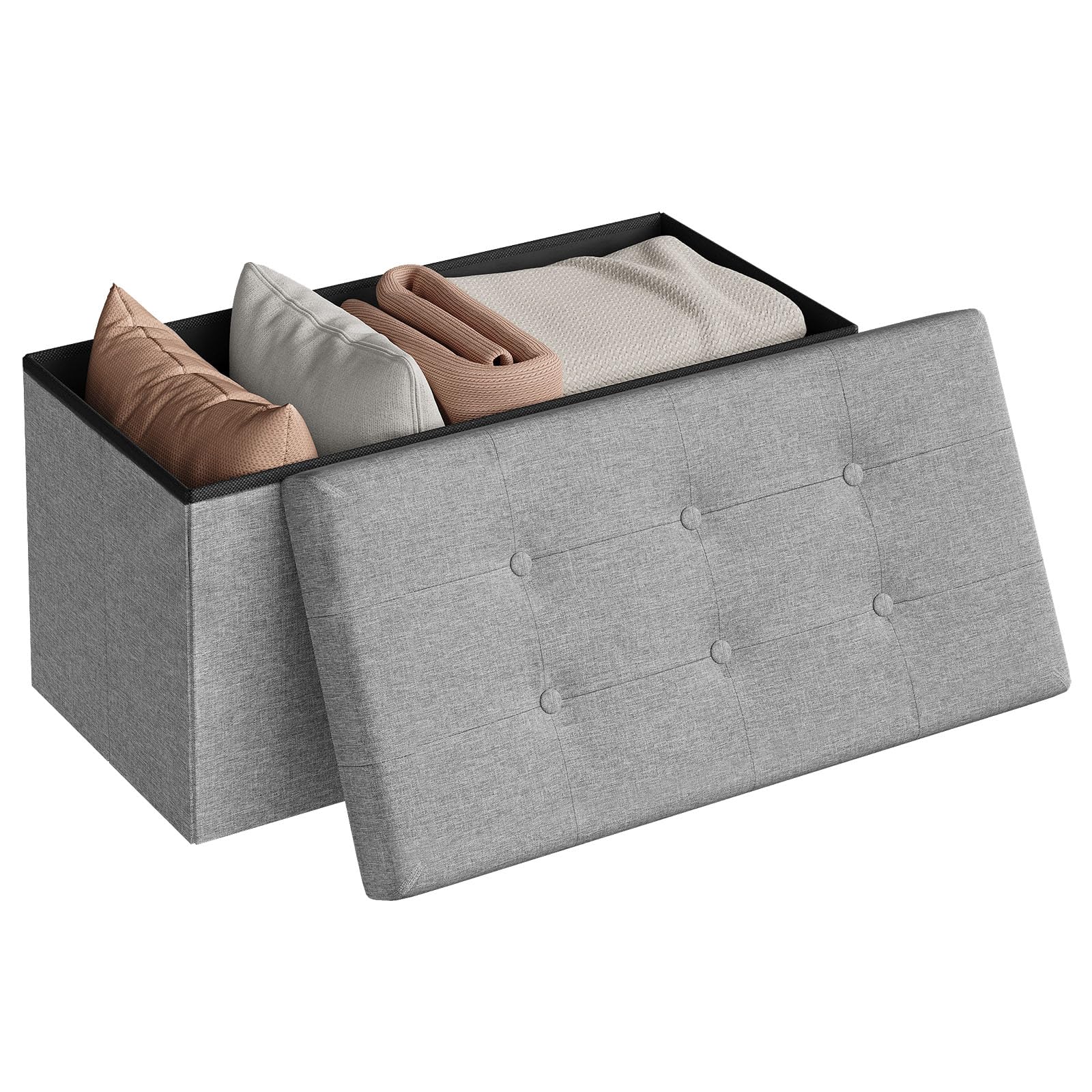 WOLTU Foldable Storage Ottoman Chair Stool Light Grey Upholstered Footstool Linen Dressing Table Stool Pouf Couch Stool Removable Cover, 76x37.5x38cm