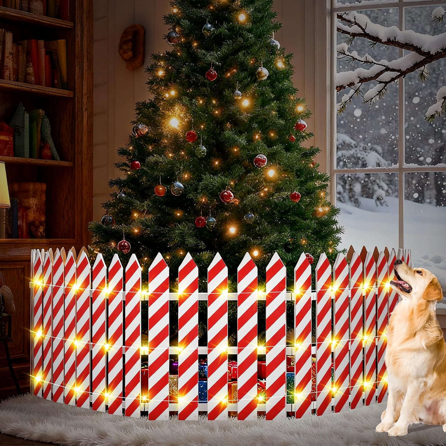 Sasylvia Christmas Tree Fences with LED String Lights 24 x 142 Inch Wooden Christmas Tree Picket Fence Barrier Wood Gate for Pets Dog Cat Xmas Holiday Wedding Home Garden Party Decor(Candy Cane)