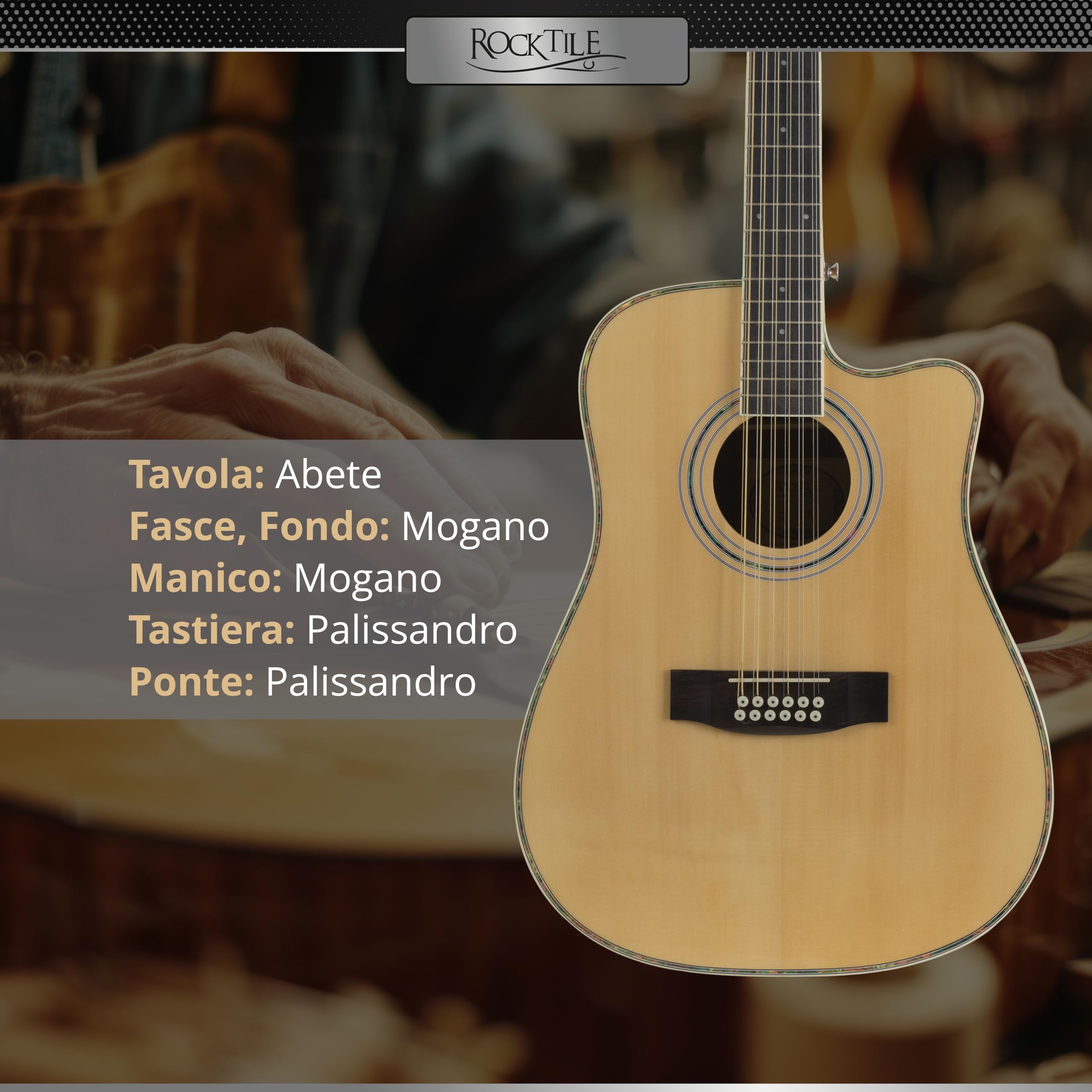 Rocktile WSD12-50C-NT Chitarra Western Naturale, Informazioni Generali | Modello: WSD12-50C-NT, Peso: 2, 36 kg, Numero di corde: 12, Orientamento: Destrimano, Corpo, Tavola: Abete, Manico, Scala: 25