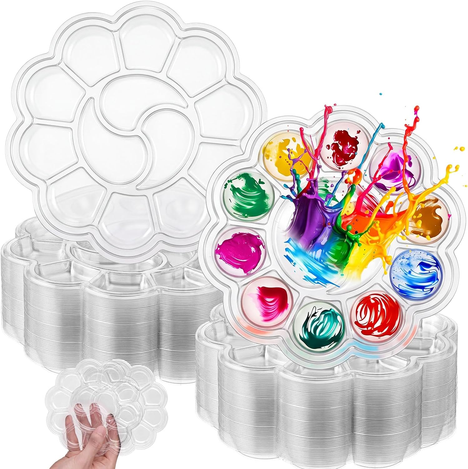 AmazingSpark 200 Pcs Paint Tray Palettes 5.5 in with 13 Compartments Clear Disposable Plastic Paint Palette Bulk Watercolor Craft Supplies for Art Class, DIY Craft, Painting Party, Birthday Party