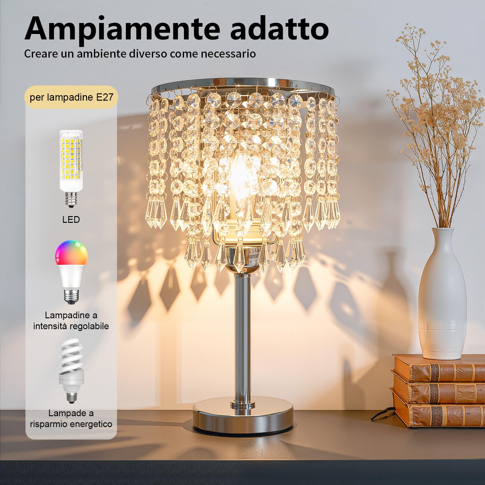 Lampada da comodino in cristallo - Lampada da tavolo in cristallo - Paralume con lampada da comodino rotonda E27 - Per camera da letto, soggiorno, cameretta da bambina - Bianco