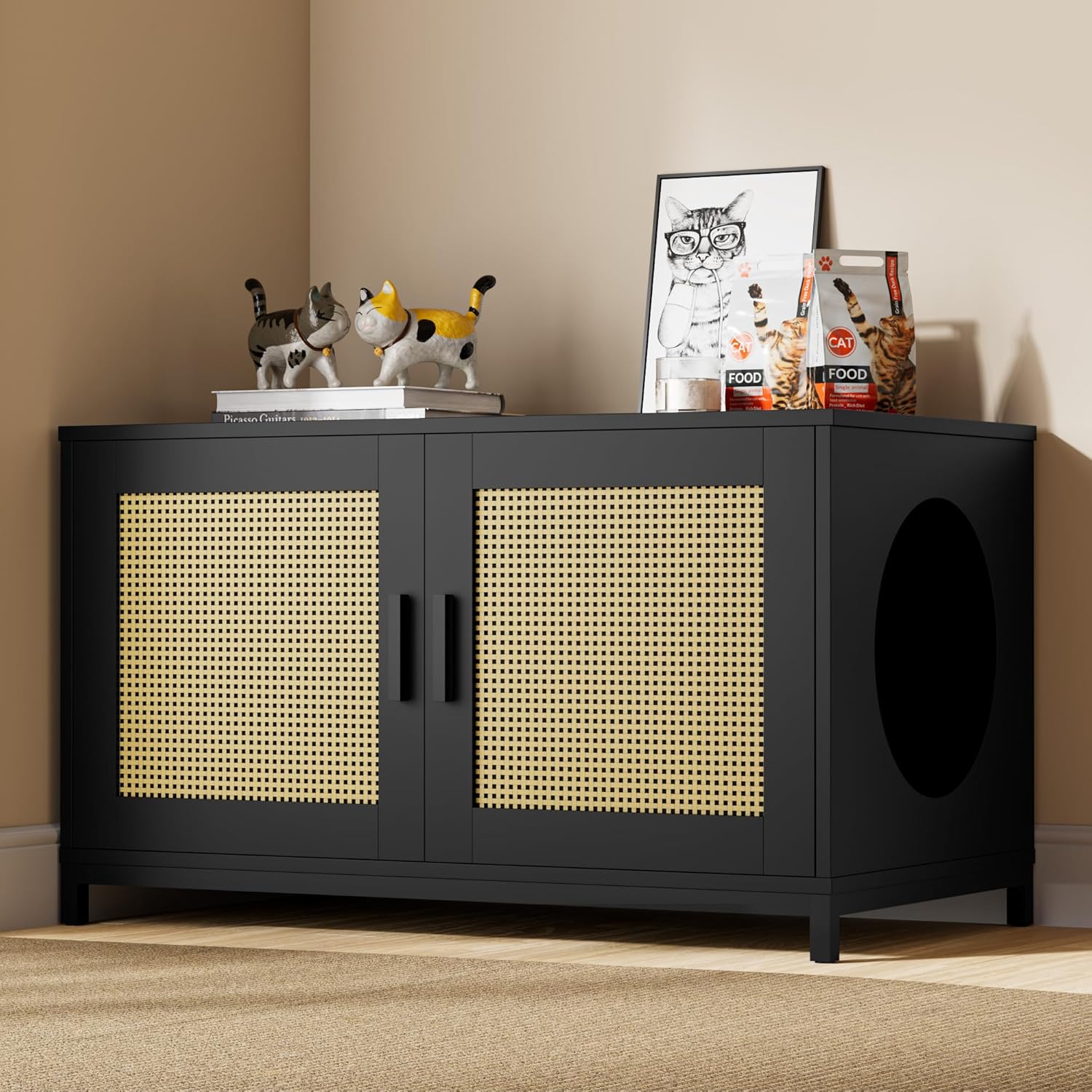 Cozy Castle Hidden Cat Litter Box Enclosure, Rattan Cat