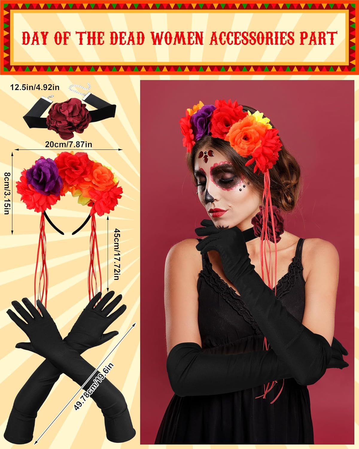 6 Pcs Day of the Dead Couple Costume Accessories Set Women Flower Crown Headband Red Choker Necklaces Long Arm Gloves Skeleton Gloves Men Hat with Bow Tie Dia De Los Muertos Outfit - Image 5