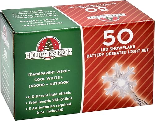 Miniatura 7 de Holiday Essence - Cadena de luces de Navidad en forma de copo de nieve, 50 luces LED blancas frías, 8 modos, 25 pies, juego de luces en forma de