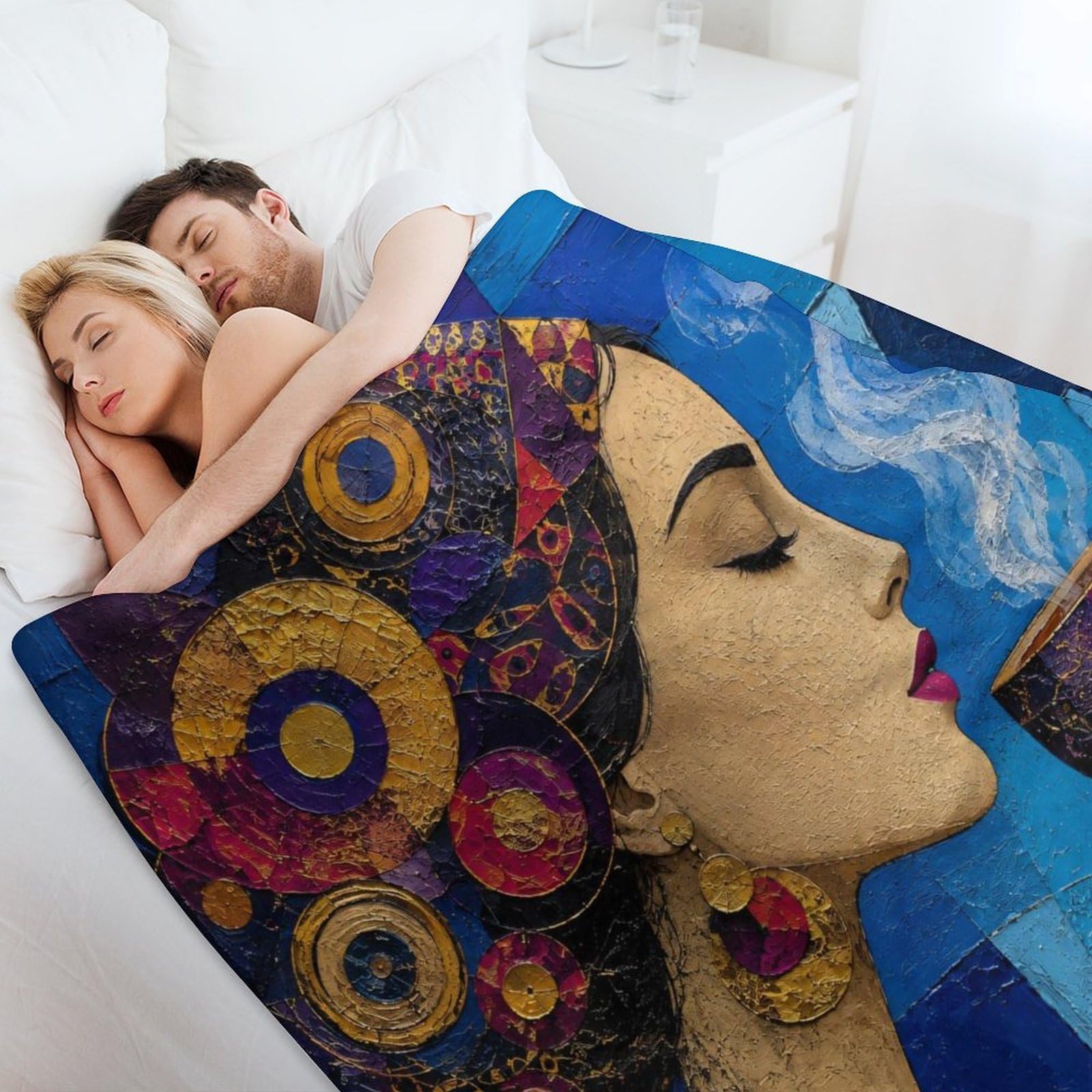 Donna con il velo viola Coperta Mosaico cubista Coperta TV Calda | coperta divano morbida con Arte del mosaico e Tazza da tè blu, per divano, letto, 175x200cm(70x80in)