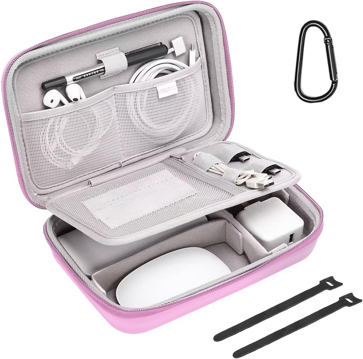 MOSISO Electronic Organizer Travel Case Compatible with MacBook Power Adapter, Compatible with Magic Mouse & Pencil, SD Card, USB Flash Disk with 4 Modular Insert & 2 Cable Tie & Snap Hook, Pink