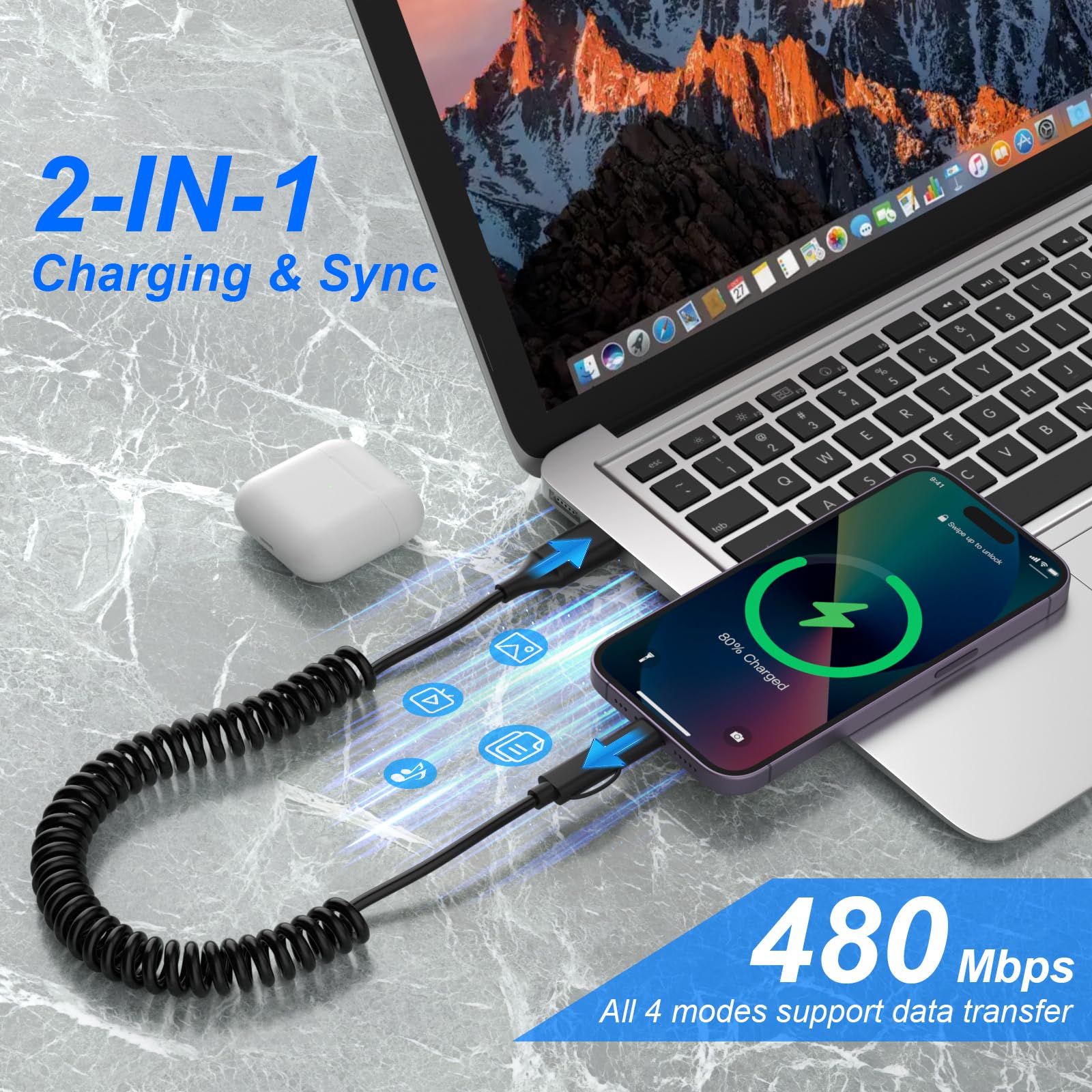 Cavo USB C e Lightning 4 in 1 [Certificato MFi] iPhone CarPlay e Android Auto, ricarica rapida e sincronizzazione dati da 60 W, cavo di ricarica multiplo a spirale per iPhone/Android/iPad/laptop