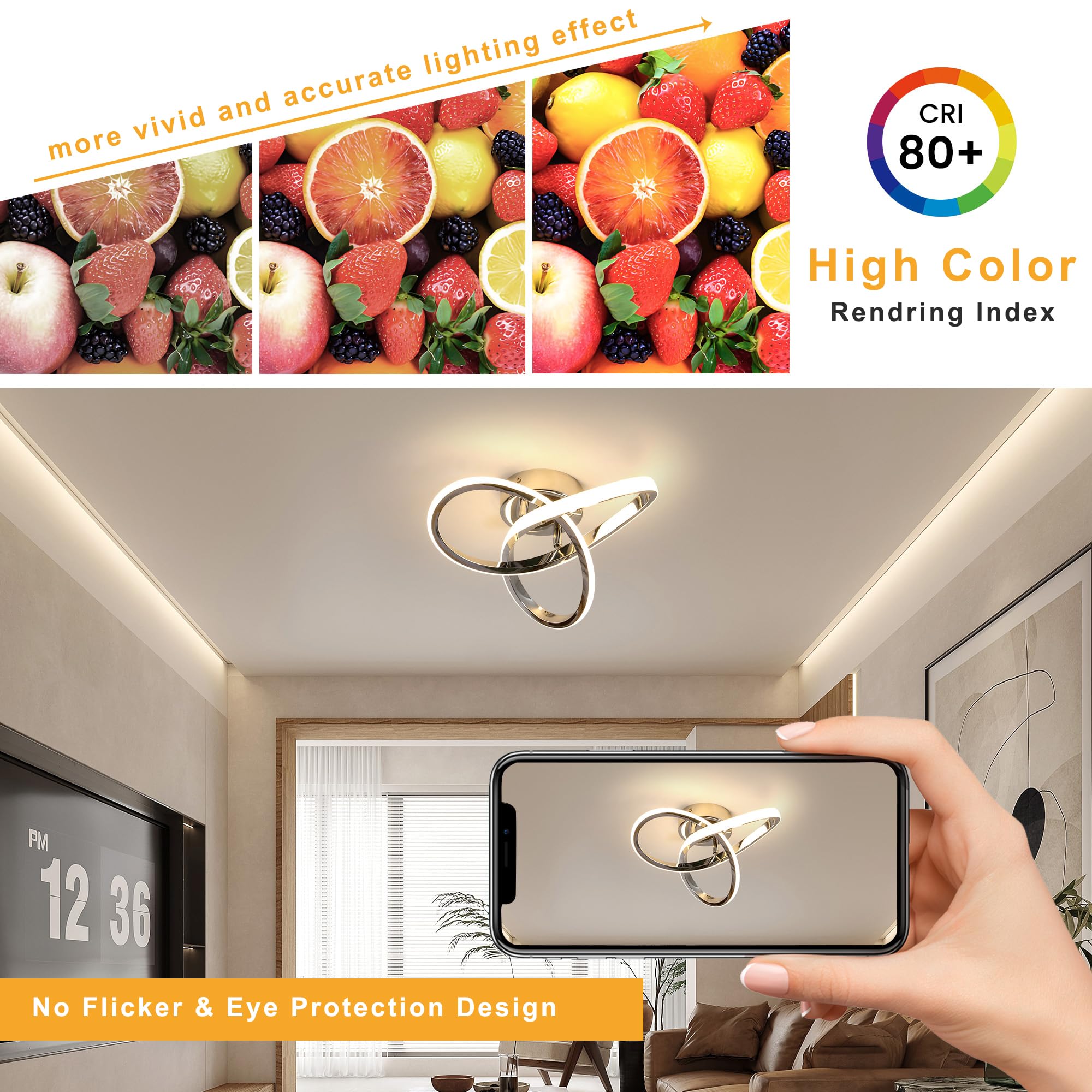 Comely Plafon LED Nowoczesny, Oprawa Sufitowa LED 22W 2475LM Oprawa, Żyrandol Do Korytarza Kuchni Sypialni Jadalni Balkonu, Ciepła Biel 3000K, Srebrny, Średnica 25cm