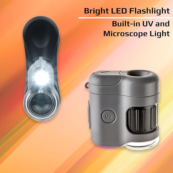 Carson MicroMini 20x LED Light Pocket Microscope, Integrated LED and UV Flashlight and Universal Smartphone Digiscoping Adapter Clip (MM-380)