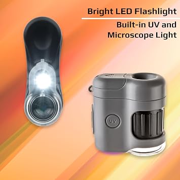 Carson MicroMini 20x LED Light Pocket Microscope, Integrated LED and UV Flashlight and Universal Smartphone Digiscoping Adapter Clip (MM-380)