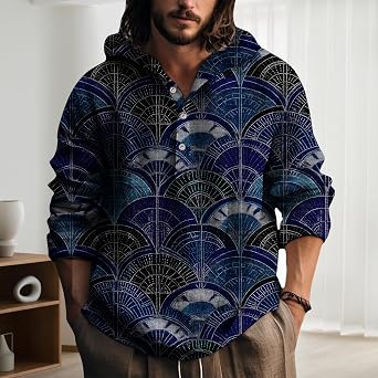LOAIHA Mens Hooded Pullover Floral Print Long Sleeve Button Up Lightweight Cotton Blend Casual Top For Fall Winter Outfit