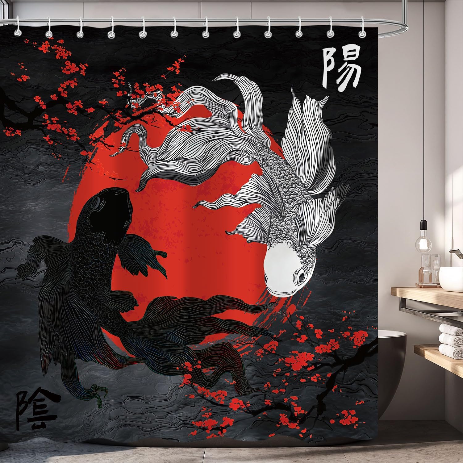 Japanese Anime Shower Curtain, Red and Black Koi Fish Yin Yang Cool Mens Bathroom Curtain Decor with Design, Asian Oriental Red Art Funny Masculine Shower Curtains with 12 Hooks, 72x72 Inch