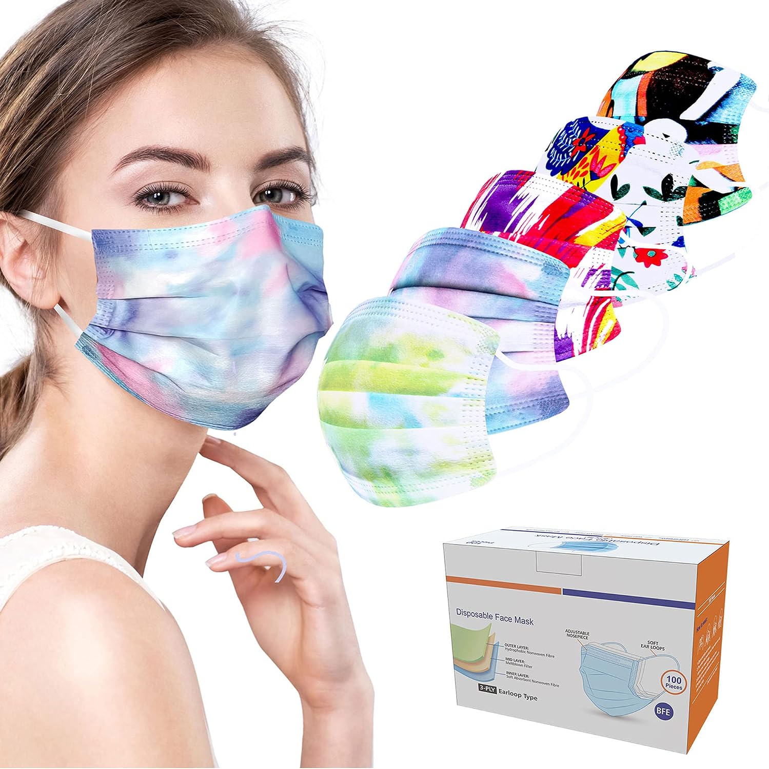 LUCIFER Disposable Face Mask, 3 Ply Masks with Earloops,with Melt-Blown Cloth (Multicolor 100pcs)