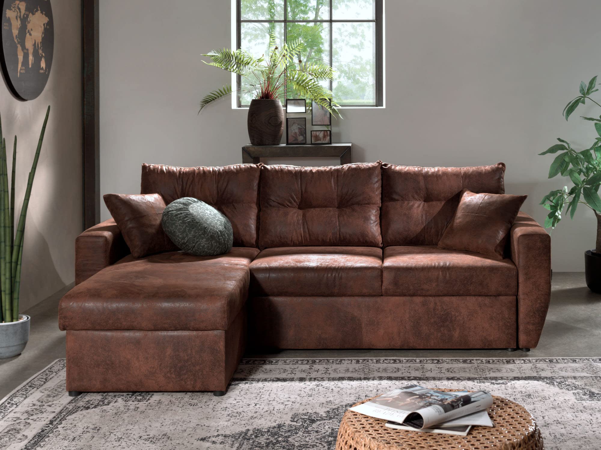Bestmobilier Astoria - 4-Sitzer Ecksofa beidseitig montierbar - mit Schlaffunktion und Bettkasten - Industrieller Stil Braun