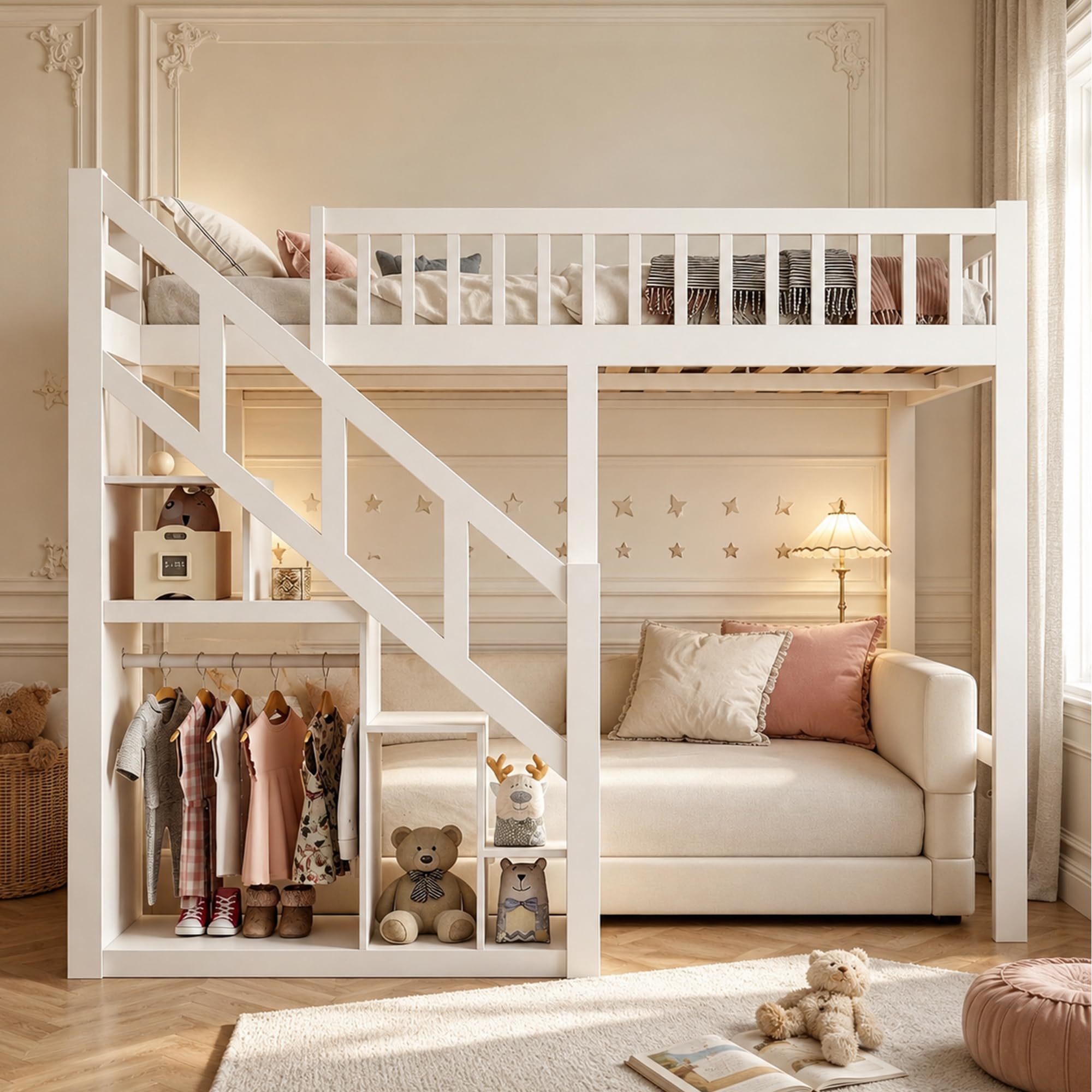 DULRLLY Lit Double Mezzanine 140x200 cm, Lit Superposé Enfant avec Escaliers de Rangement et Barrière de Sécurité, Sommier à Lattes en Bois, Lit Hauteur pour 2 Enfant, Garçon et Fille, Blanc