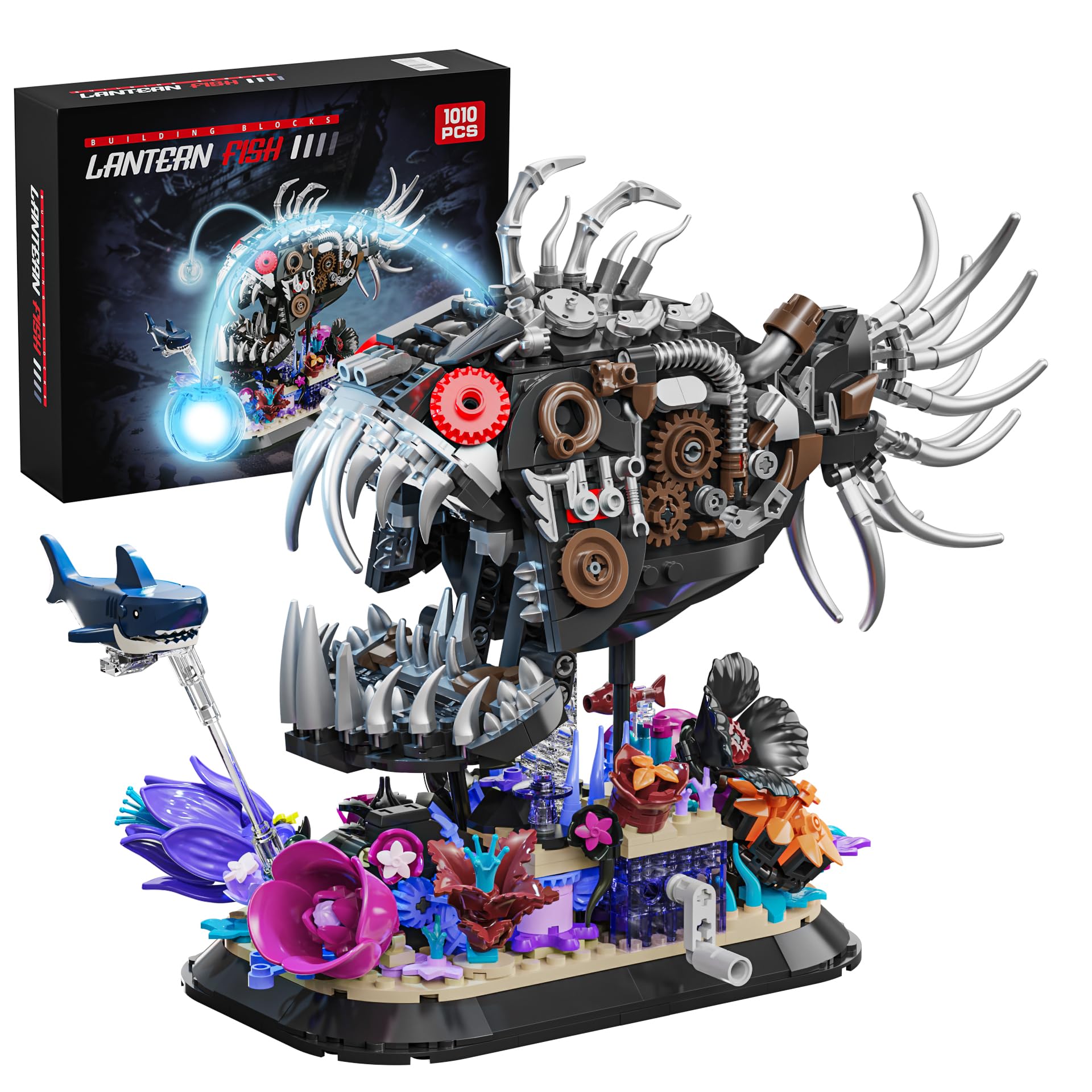 Mechanical Fishing Fish Building Set, 1010pcs Deep Sea Monster Block Models with Coral Base, Steampunk Ocean Animal Building Toys, Suitable for Boys and Girls 8