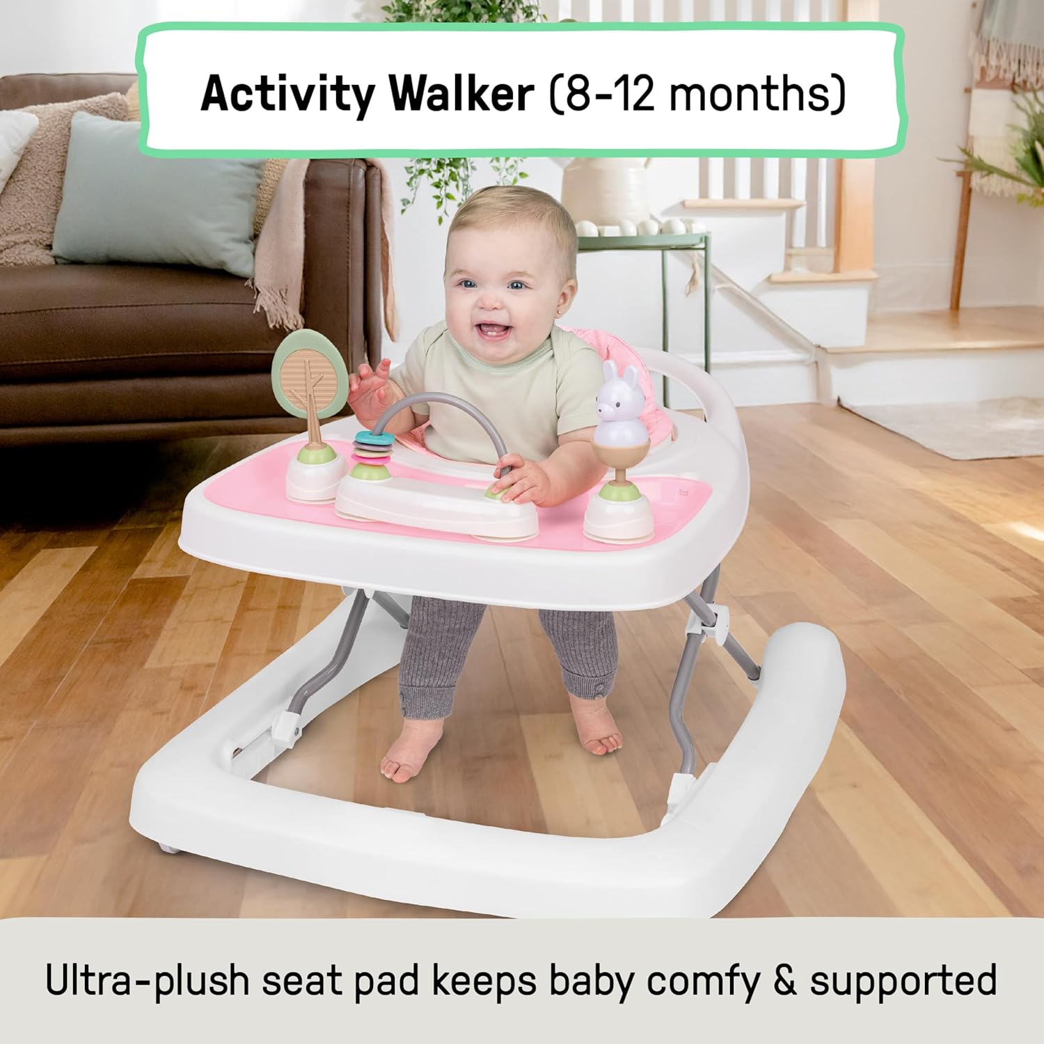 Ingenuity Step & Sprout 3-in-1 Foldable Baby Activity Walker with Removable Toys Ages 6 Months +, Pink