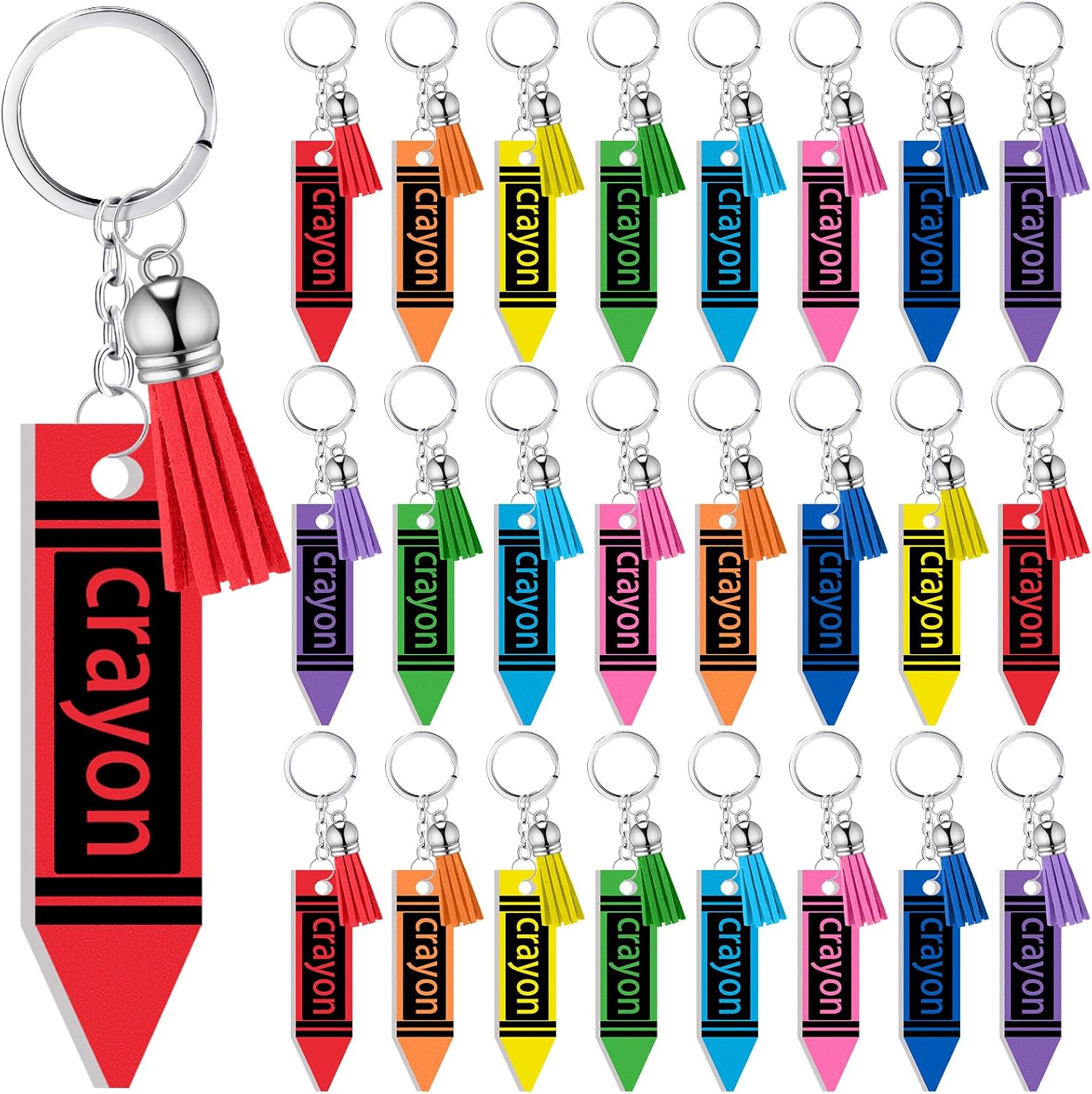 Equsion 24pcs Back to School Gifts for Students Crayon Keychains Bulk | 24 Colorful Acrylic Crayon Keychains for Student Welcome Gifts Classroom Rewards Backpack Charms and Party Favors