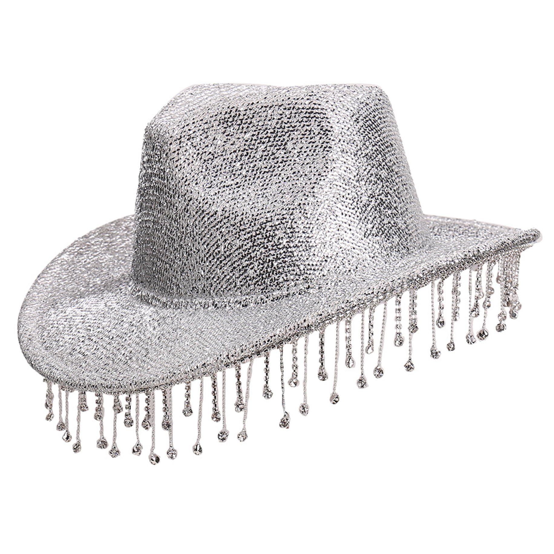 Lawnrden Glitter Cowboy Hat, Rhinestone Cowgirl Hat, Adjustable Silver Glitter Cowboy with and Tassels for Women, Lightweight Western Cap for Outdoor Events