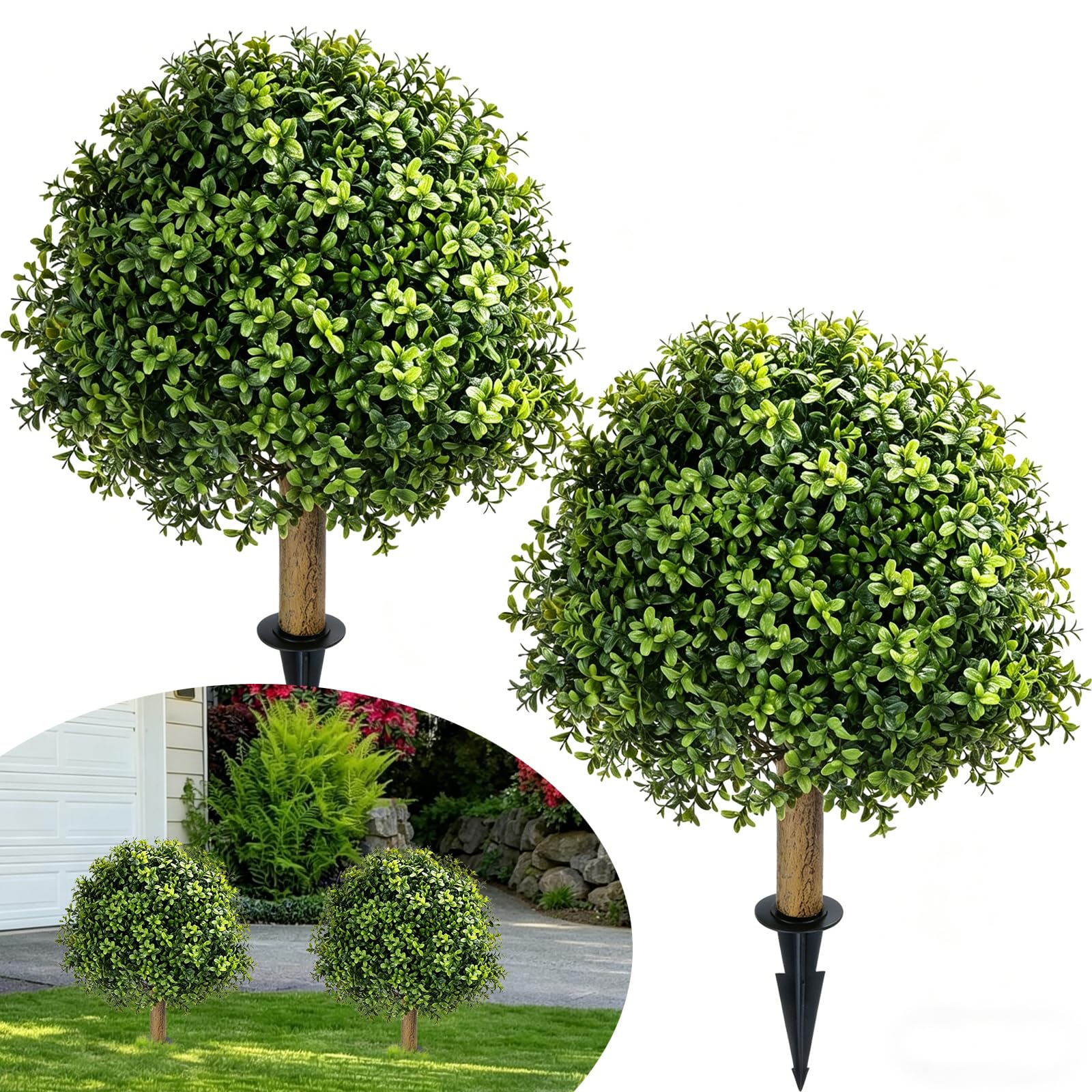 2 Piezas Bola de Boj Artificial 60 cm Plantas Artificiales Exterior Resistentes UV Topiarios Artificiales Realista con Esquejes para Deco Exterior Jardin Balcón, Verde