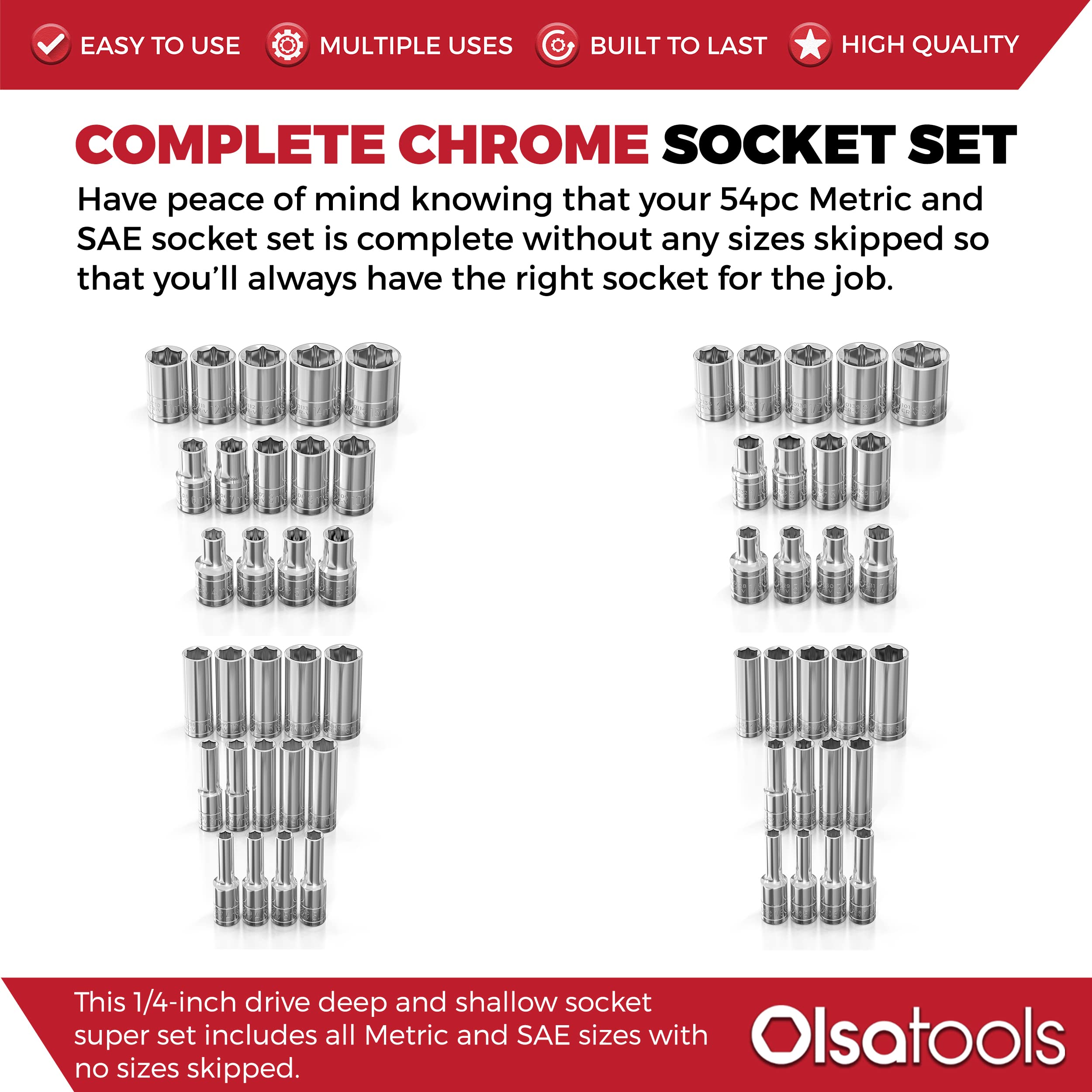 Olsa Tools SAE & Metric Socket Set (54pc) | 1/4-Inch Drive | 6-Point Shallow & Deep Socket Set | Standard Imperial Sizes from 1/8