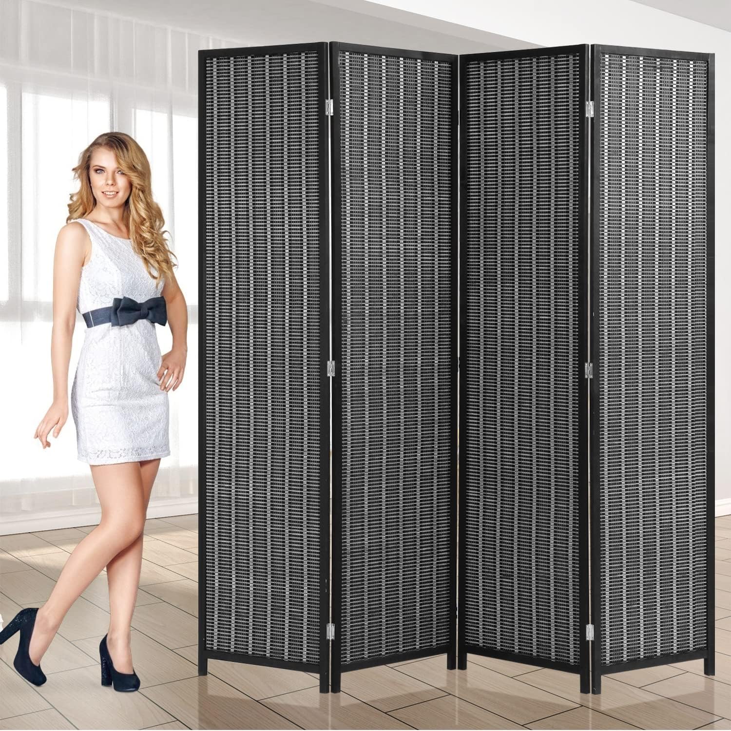 6ft Bamboo Room Divider Folding Privacy Screen 4 Foldable Panels Partition Wall Divider Freestanding Room Dividers Home Portable Partition Screen for Bedroom, Black