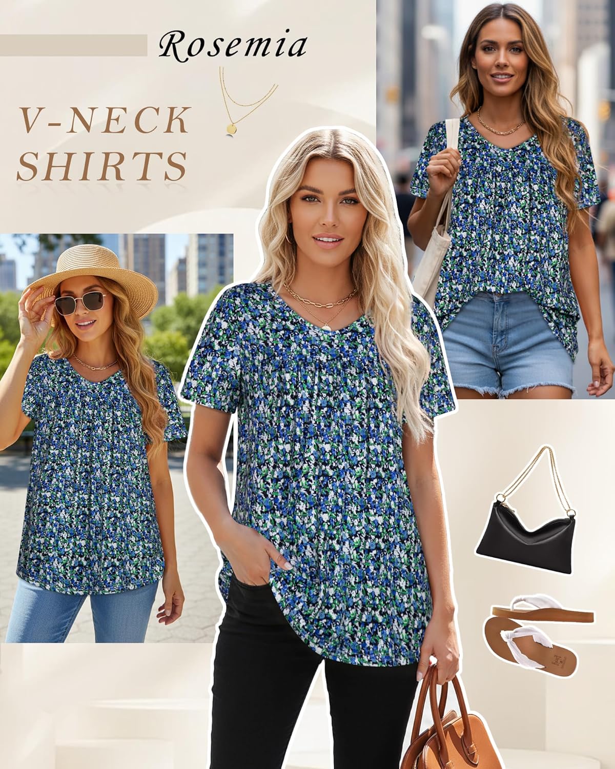 T Shirts for Women Short Sleeve Tops Casual Pleated Front Blouses V Neck Summer Tees - Image 3