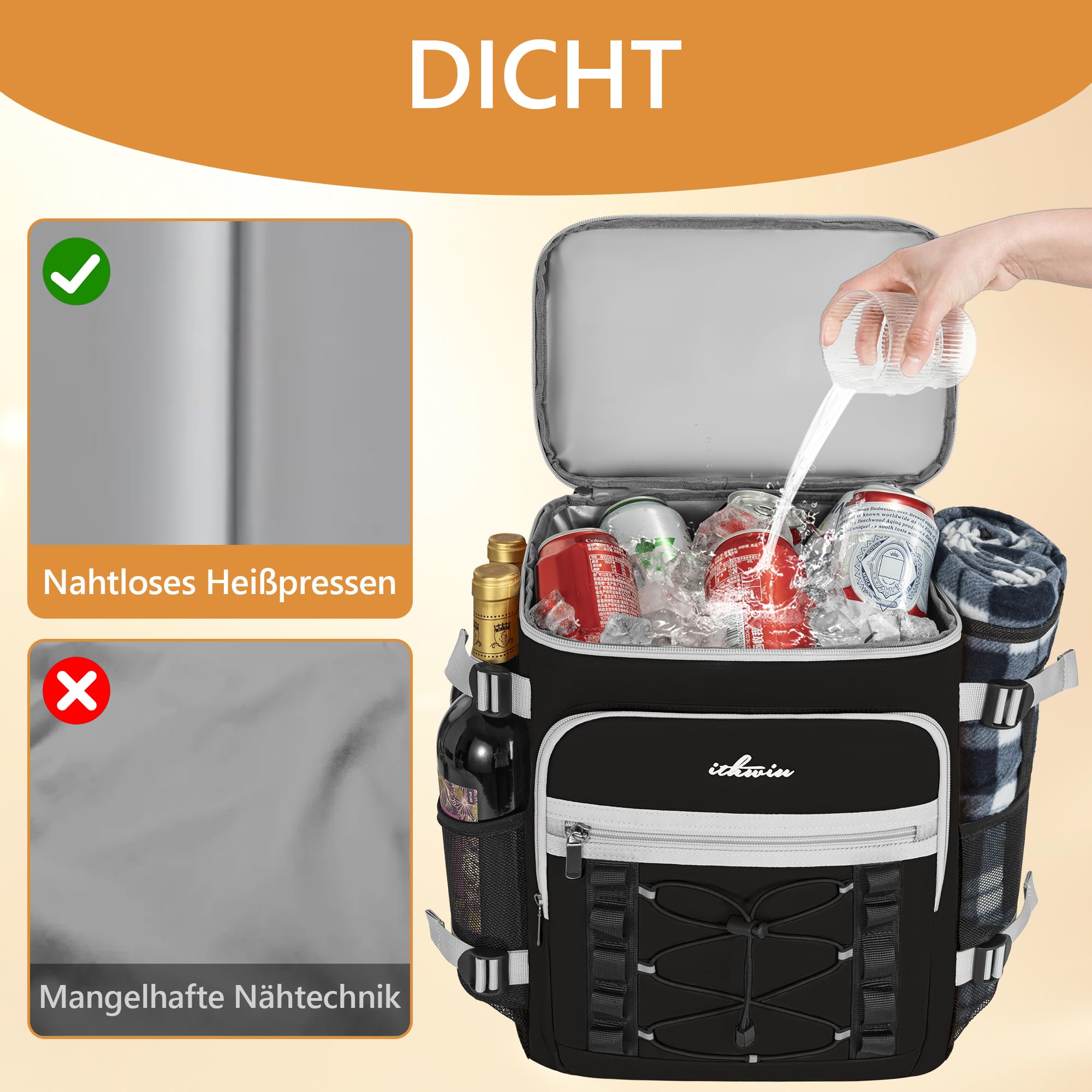 OUUTMEE Zaino refrigerante impermeabile a doppio strato per picnic, spiaggia, escursioni, nero