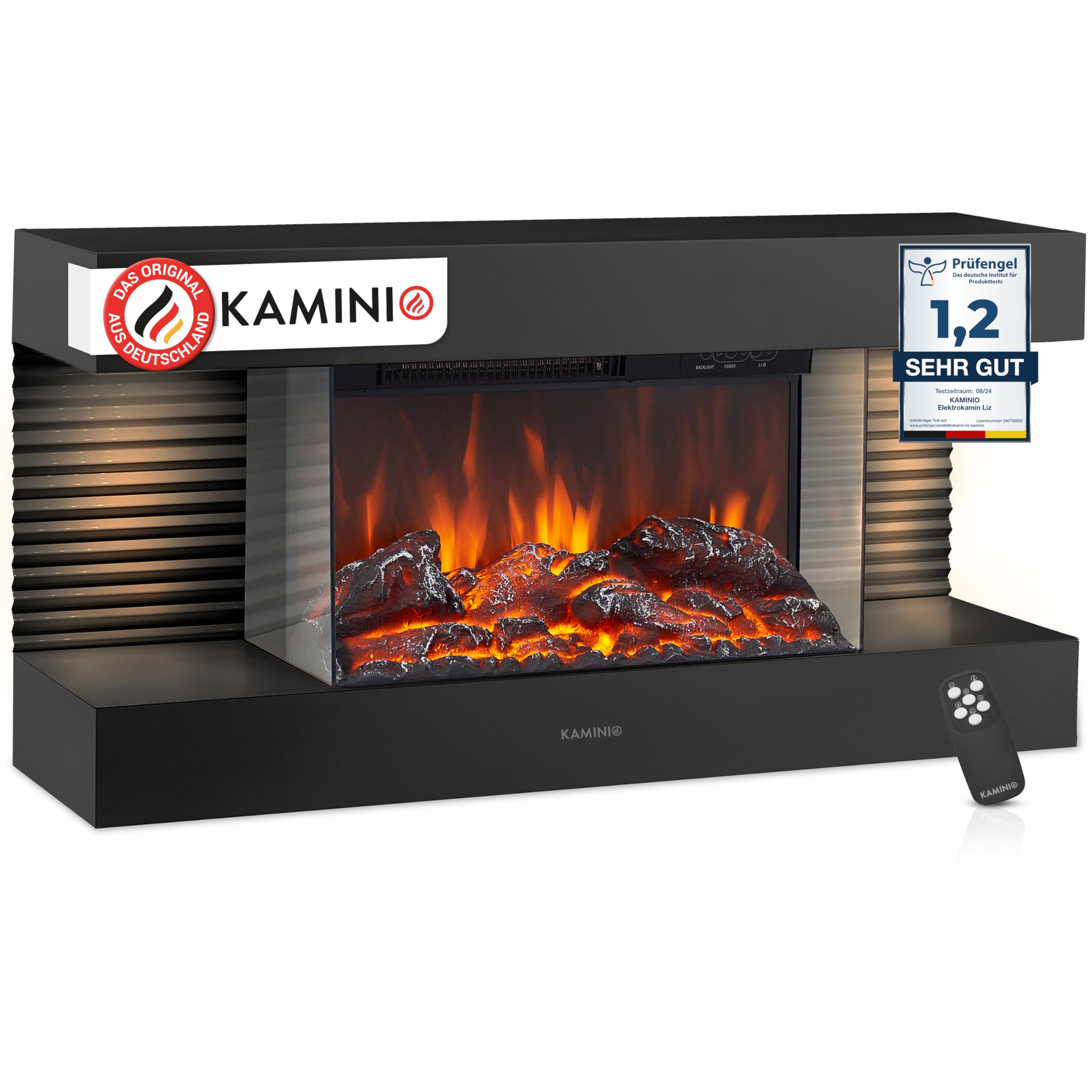 KAMINIO Elektrokamin Liz - Elektrischer Wandkamin mit Heizung, 3D-Flammeneffekt, LED-Ambientelicht, Fernbedienung (Schwarz)