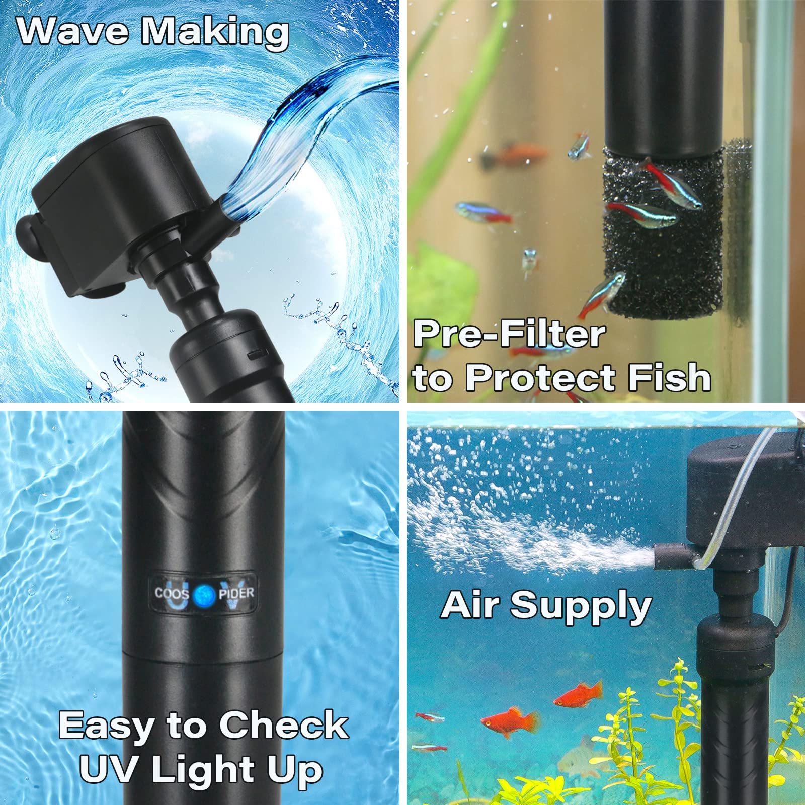 Bomba de filtro U-V para tanque de peces de 150 – 380 L, 5 W, antialgas, clarificador U-V, 1200 l/h, cristalino, agua fría, peces tropicales