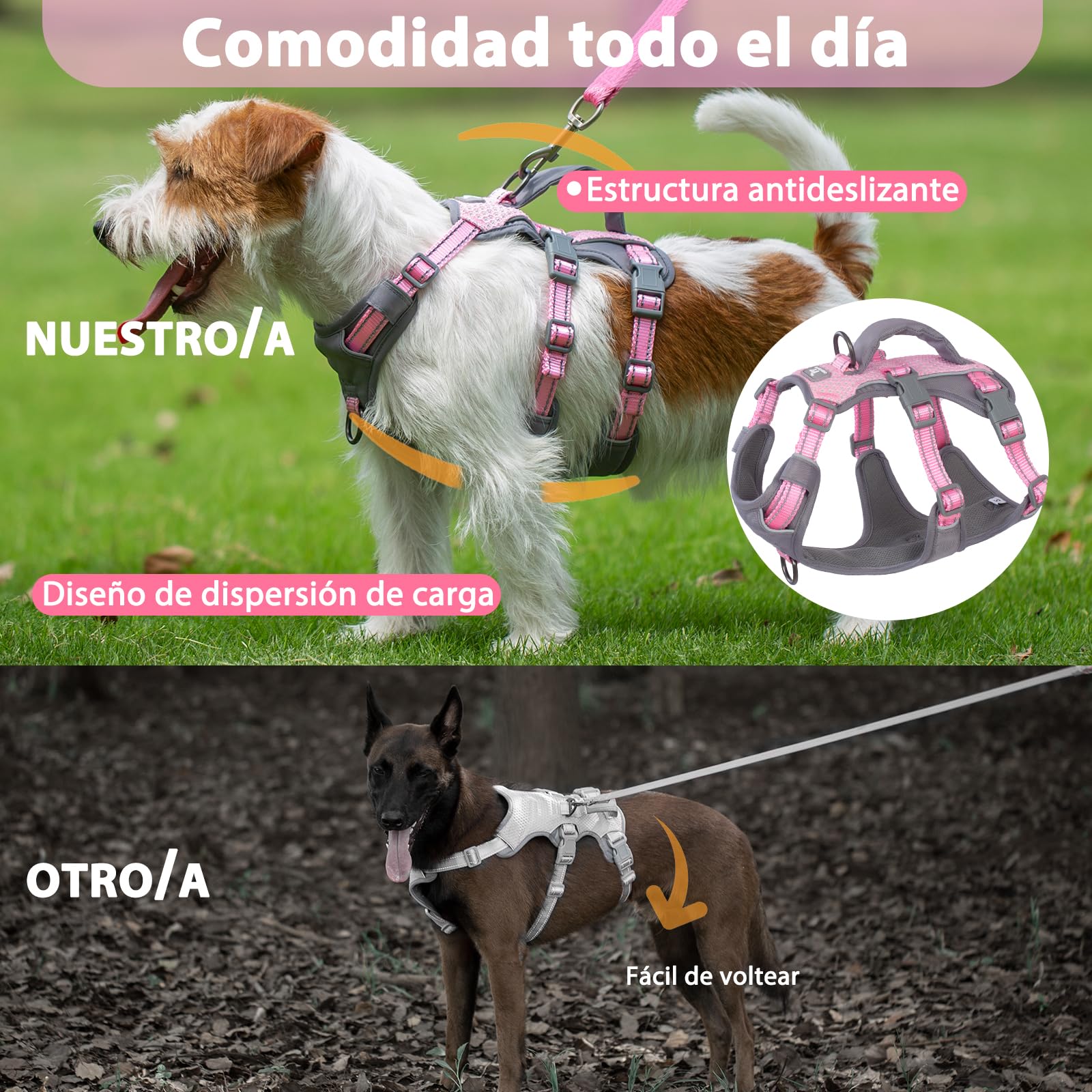 Huntboo Arnes Perro Pequeño Mediano Grande, Arnes Antiescape Perro con Asa, Reflectante Arnés Antitirones para Perros, Chaleco Transpirable y Ajustable, para Paseo y Entrenamiento (Rosa Claro,S)