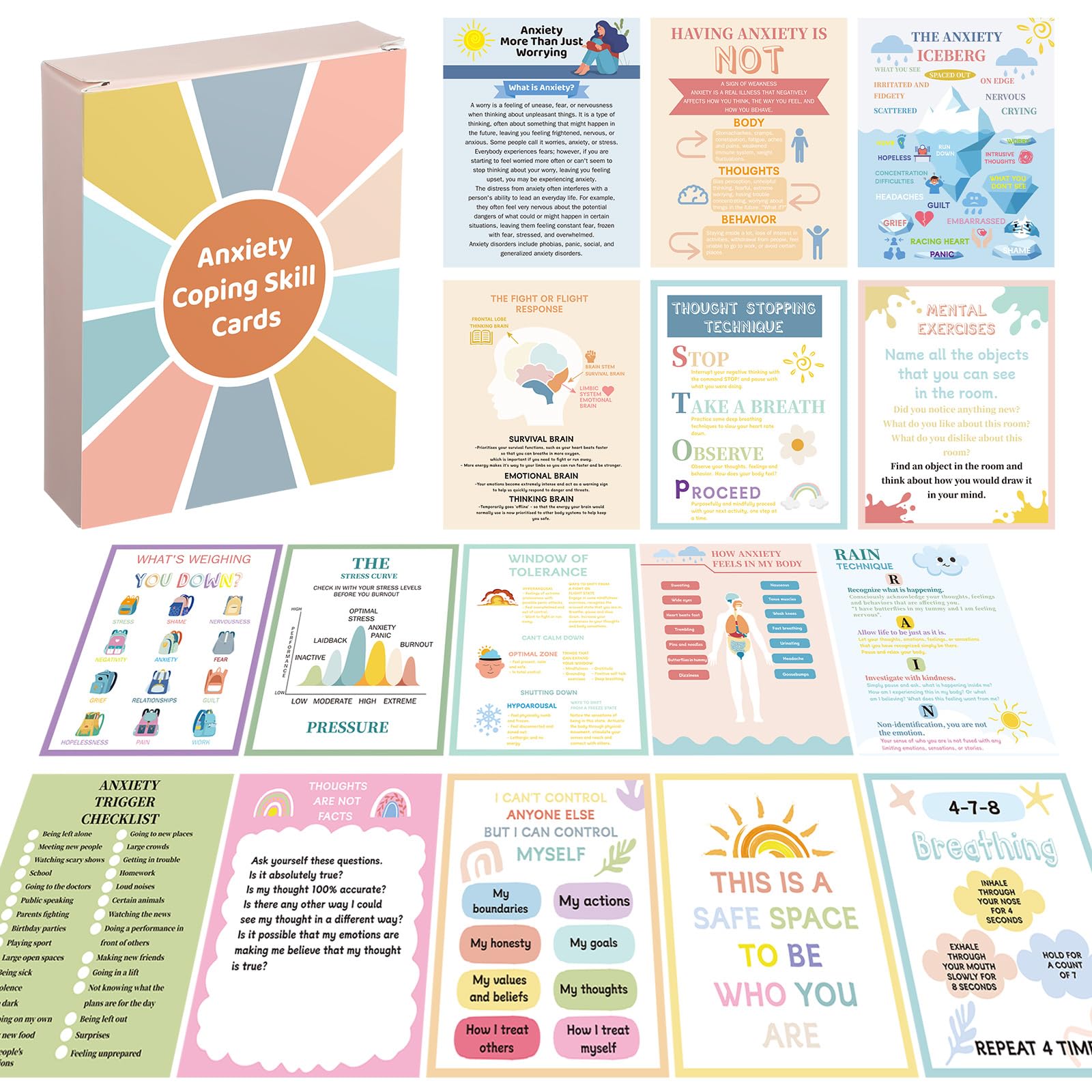 Affrolling 72 Pcs Anxiety Coping Skill Cards 4.7 x 3.7 Inches Social Anxiety Relief & Self Care Flashcard with Color Packaging Box Coping Strategy Therapy Cards for Family University and Office