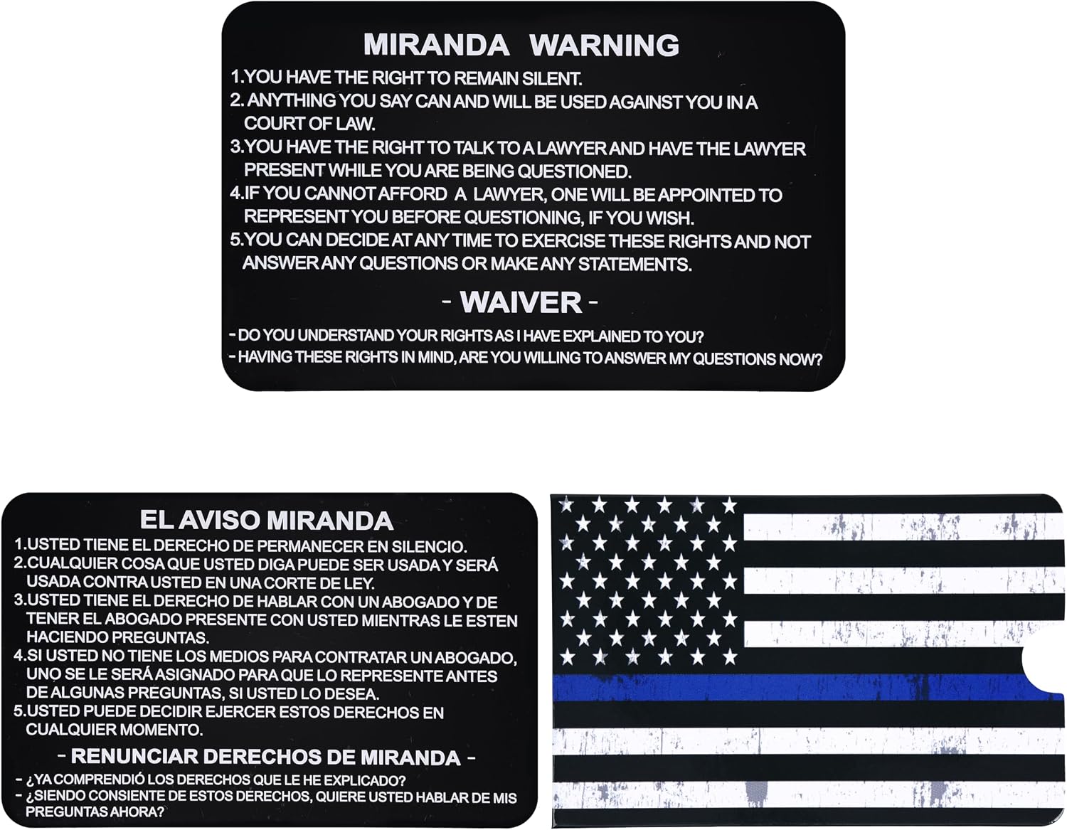 English and Spanish Miranda Rights Thick Card Metal, Miranda Warning Card Metal, Black Engraved Miranda Rights Card Bend-Resistant Card Police for Law Enforcement Gifts (BIMDBR-BLK-1P)