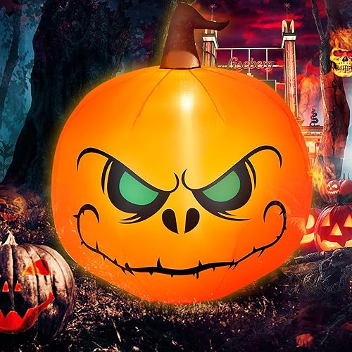 Miniatura 2 de Tangkula Farol inflable de calabaza de 5.2 pies para Halloween, con bombillas LED internas, tela de poliéster 190T y ventilador impermeable,