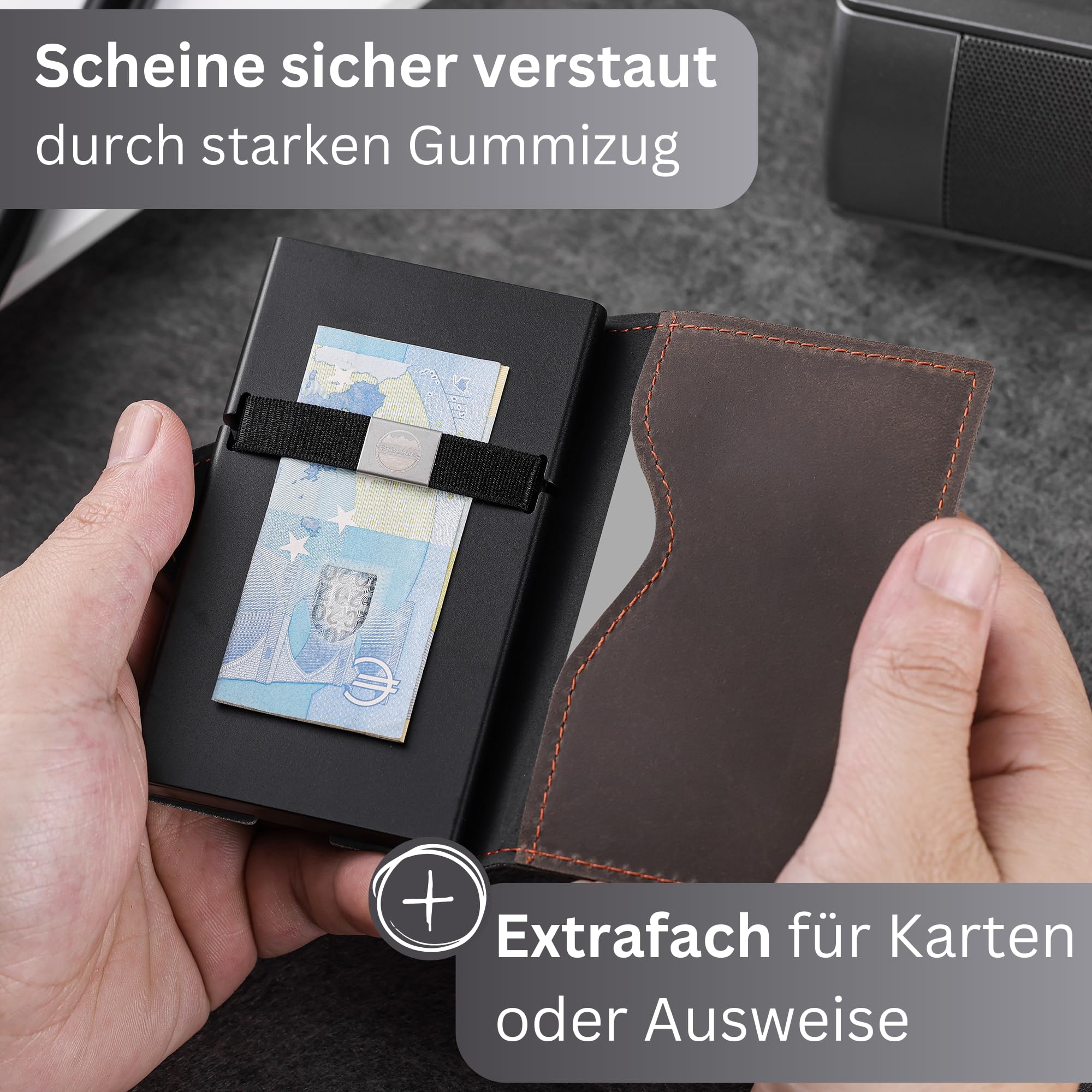 Wolkenbach - Porta carte di credito in pelle con scomparto per monete, da uomo, porta carte di credito, portafoglio sottile, in vera pelle, protezione RFID, Nero con cucitura rossa, s, Compatto