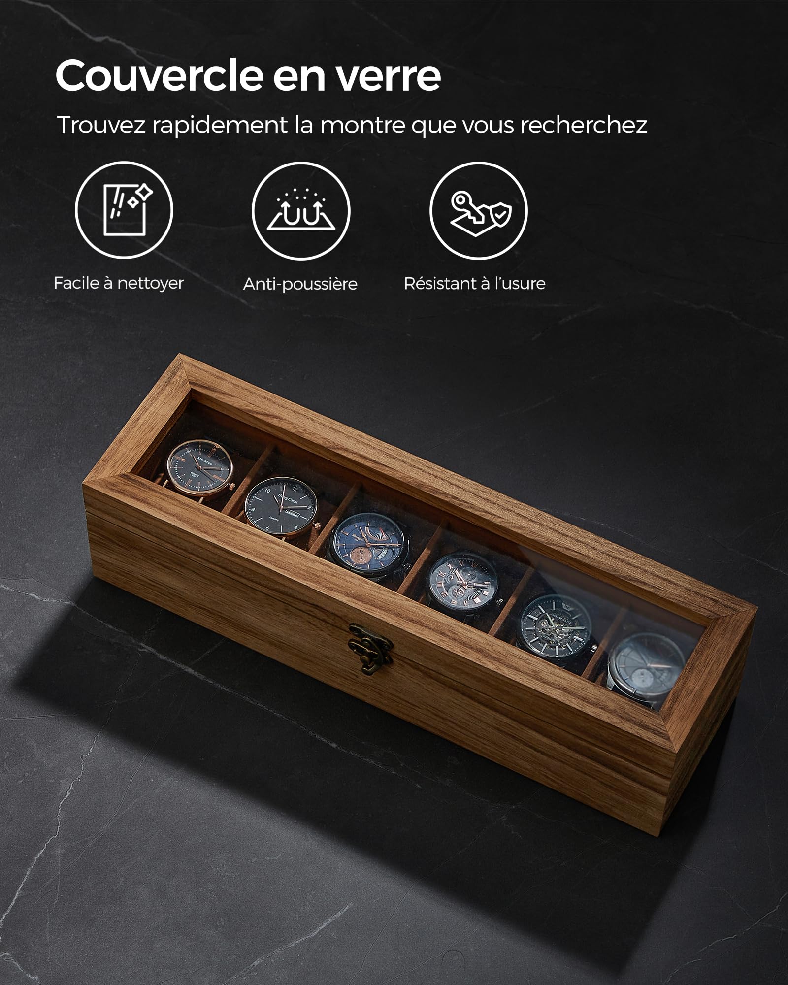 SONGMICS Boîte à Montres 6 Compartiments, Coffret à Montres en Bois, Écrin, avec Couvercle en Verre, Coussinets pour Montres, Couleur Noisette JOW006K01